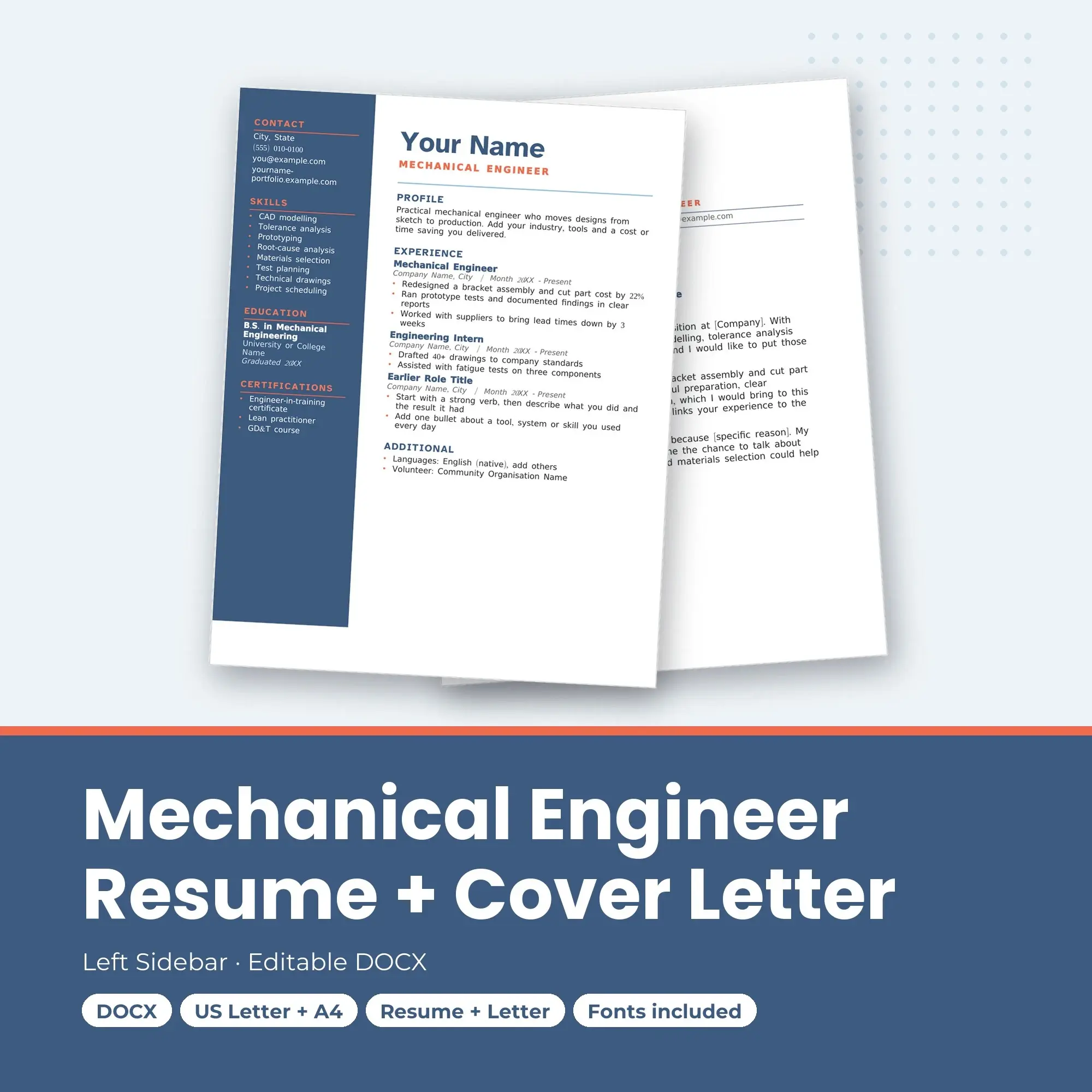Mechanical Engineer Resume Template + Cover Letter, Left Sidebar (DOCX) preview