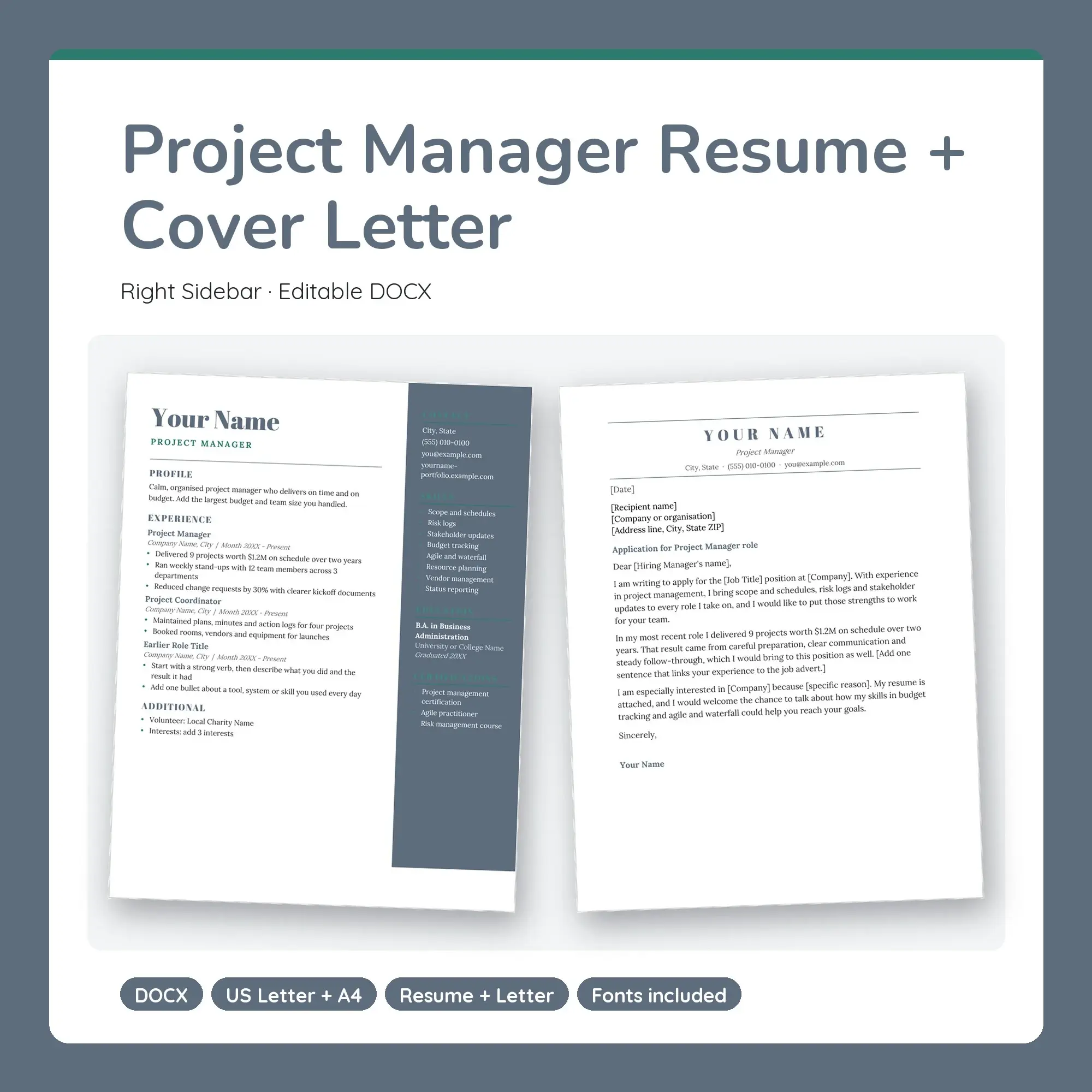 Project Manager Resume Template + Cover Letter, Right Sidebar (DOCX) preview