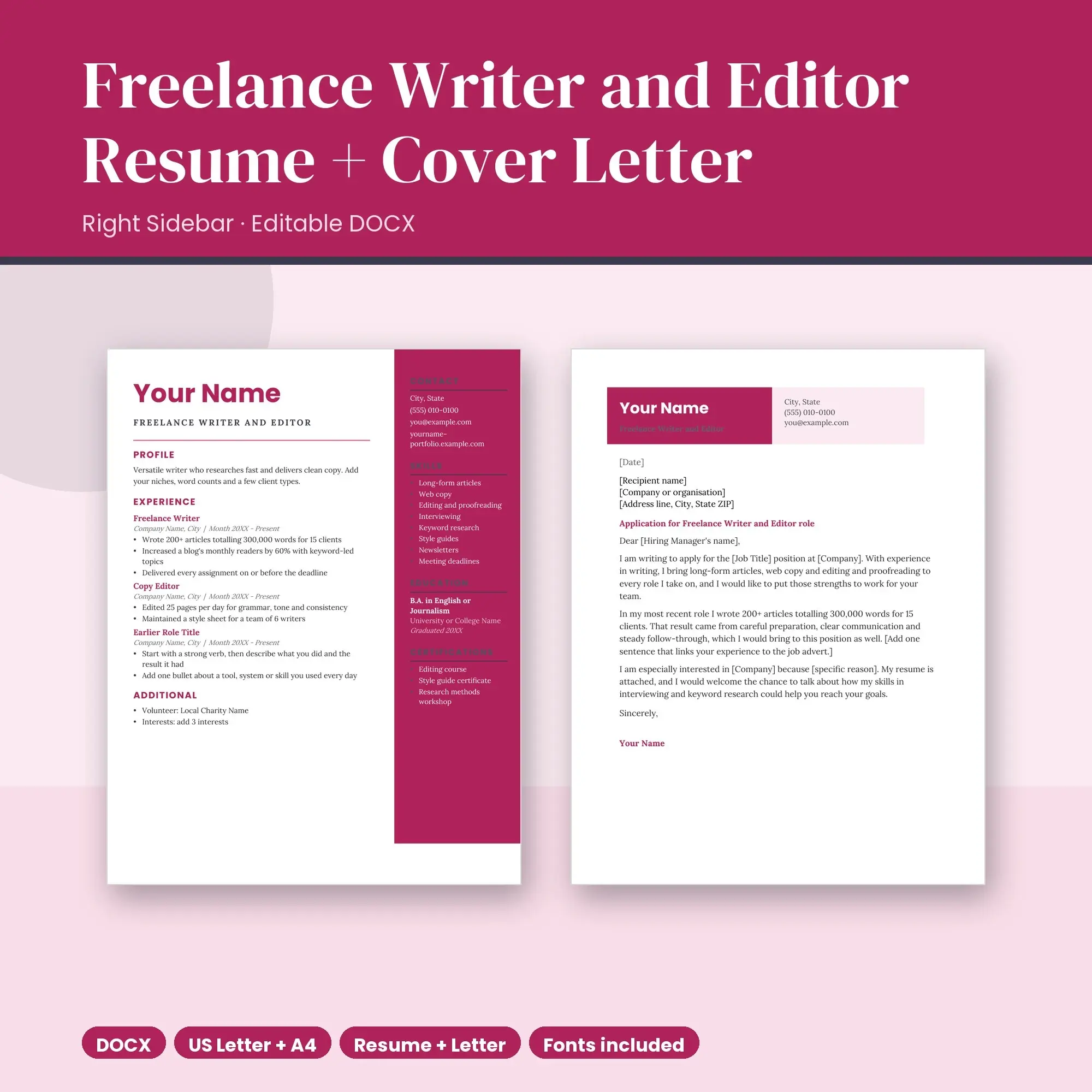 Freelance Writer and Editor Resume + Cover Letter Template, Right Sidebar (DOCX) preview