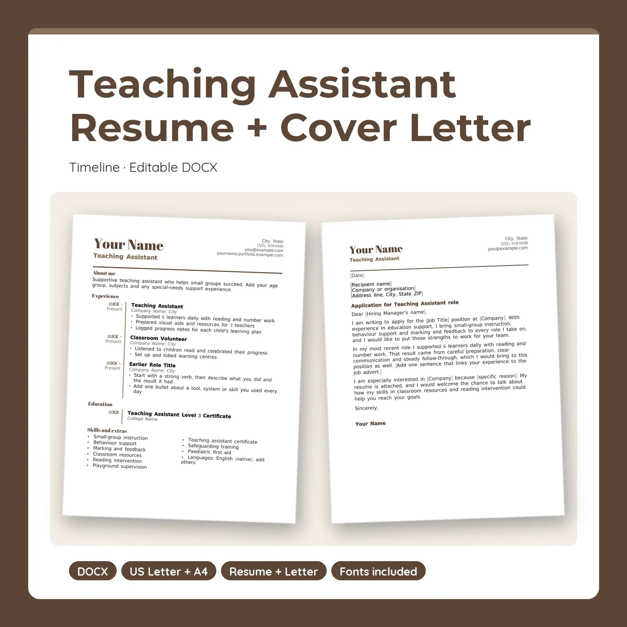 Teaching Assistant Resume Template + Cover Letter, Timeline (DOCX) preview