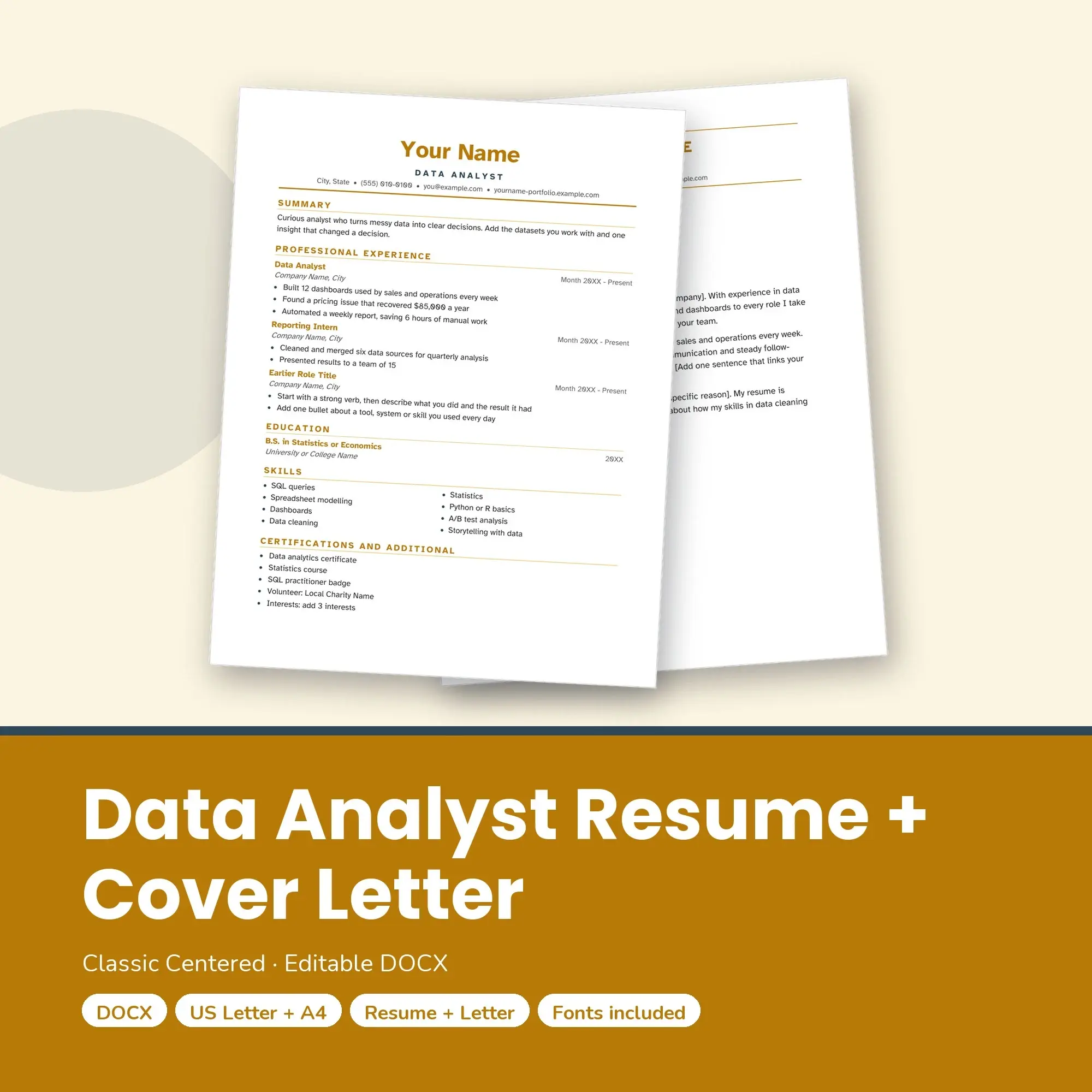 Data Analyst Resume Template + Cover Letter, Classic Centered (DOCX) preview