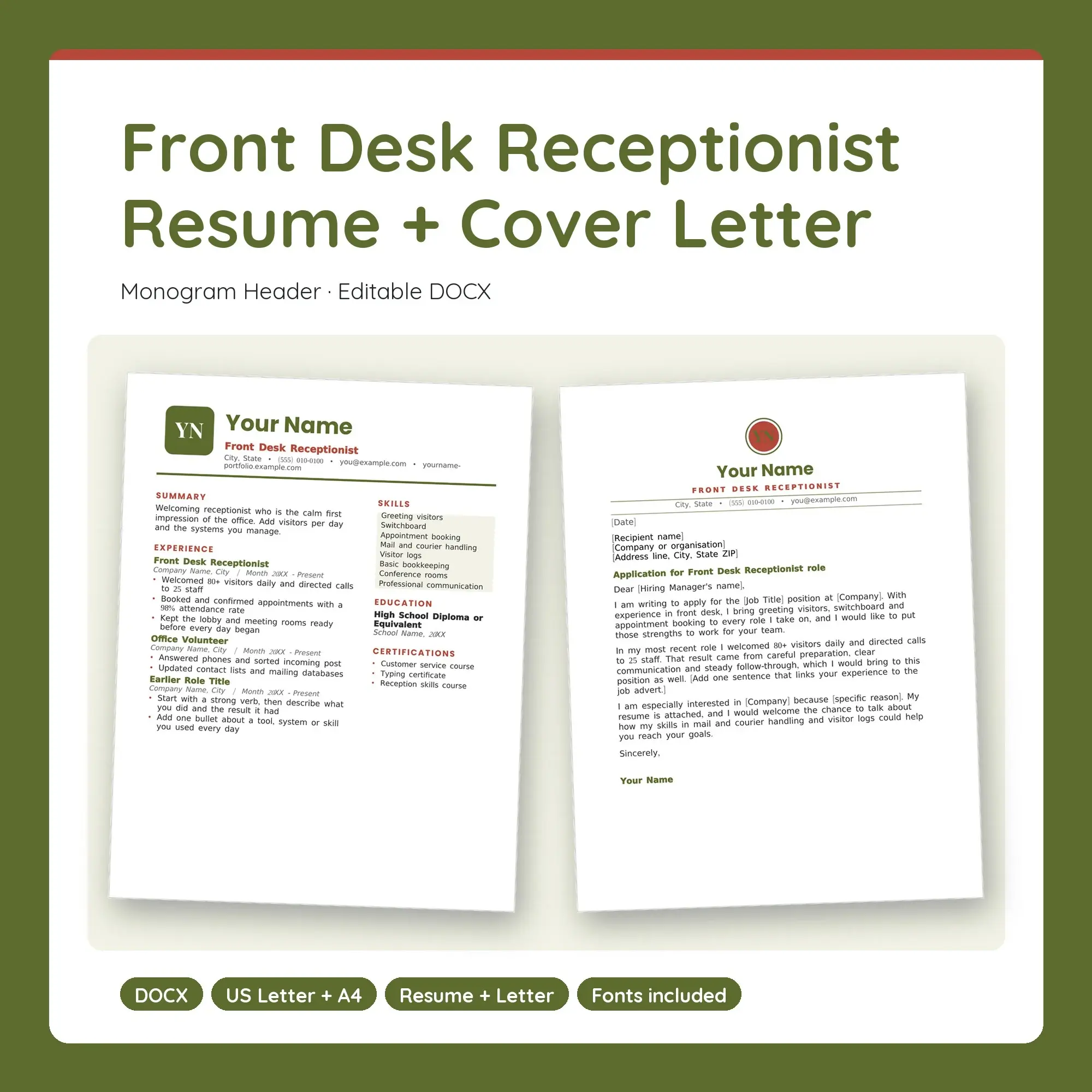 Front Desk Receptionist Resume Template + Cover Letter, Monogram Header (DOCX) preview