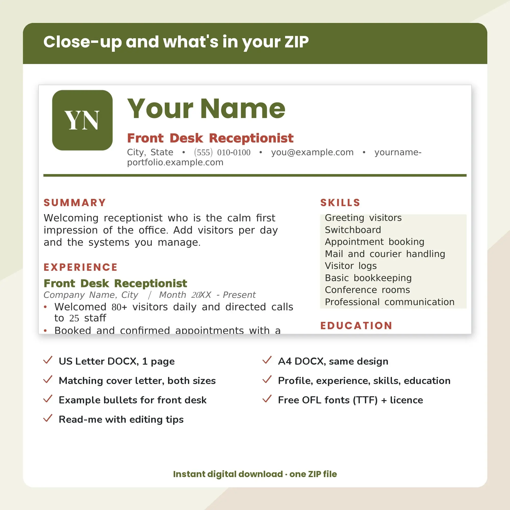 Front Desk Receptionist Resume Template + Cover Letter, Monogram Header (DOCX), preview 2 of 2