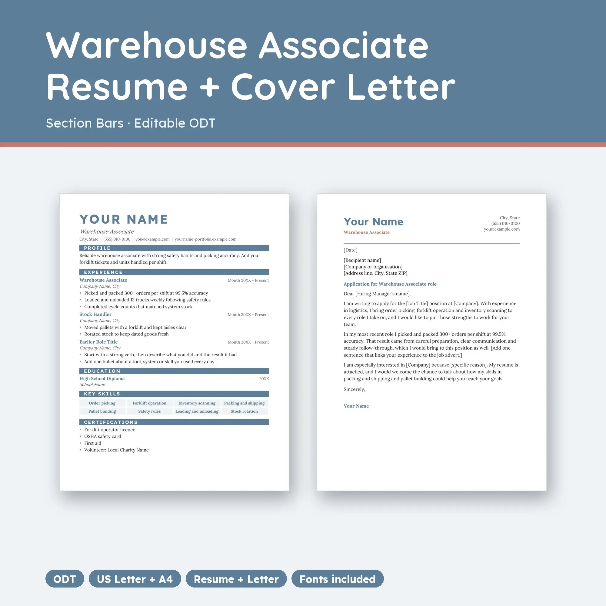 Warehouse Associate Resume Template + Cover Letter, Section Bars (ODT) preview
