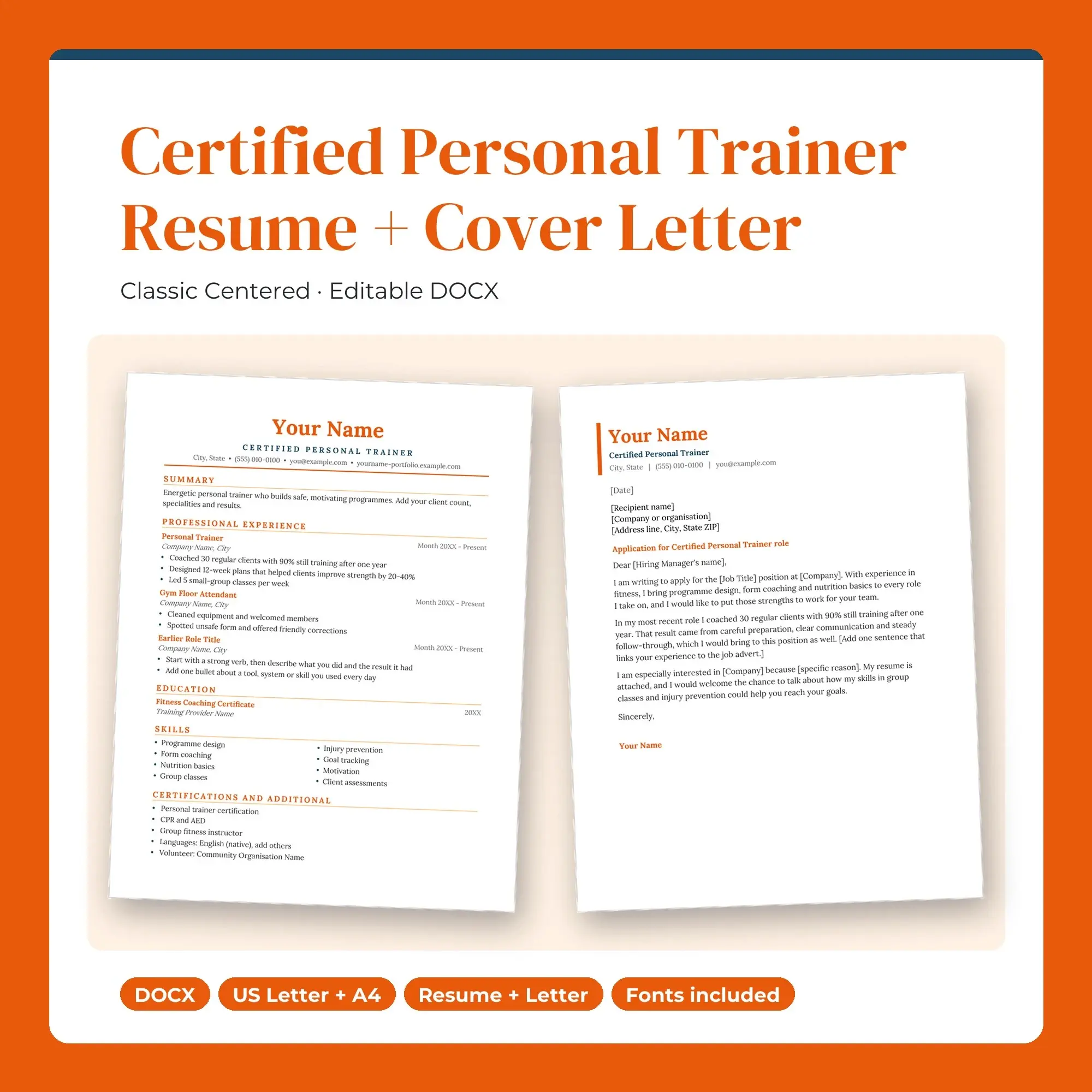 Certified Personal Trainer Resume + Cover Letter Template, Classic Centered (DOCX) preview