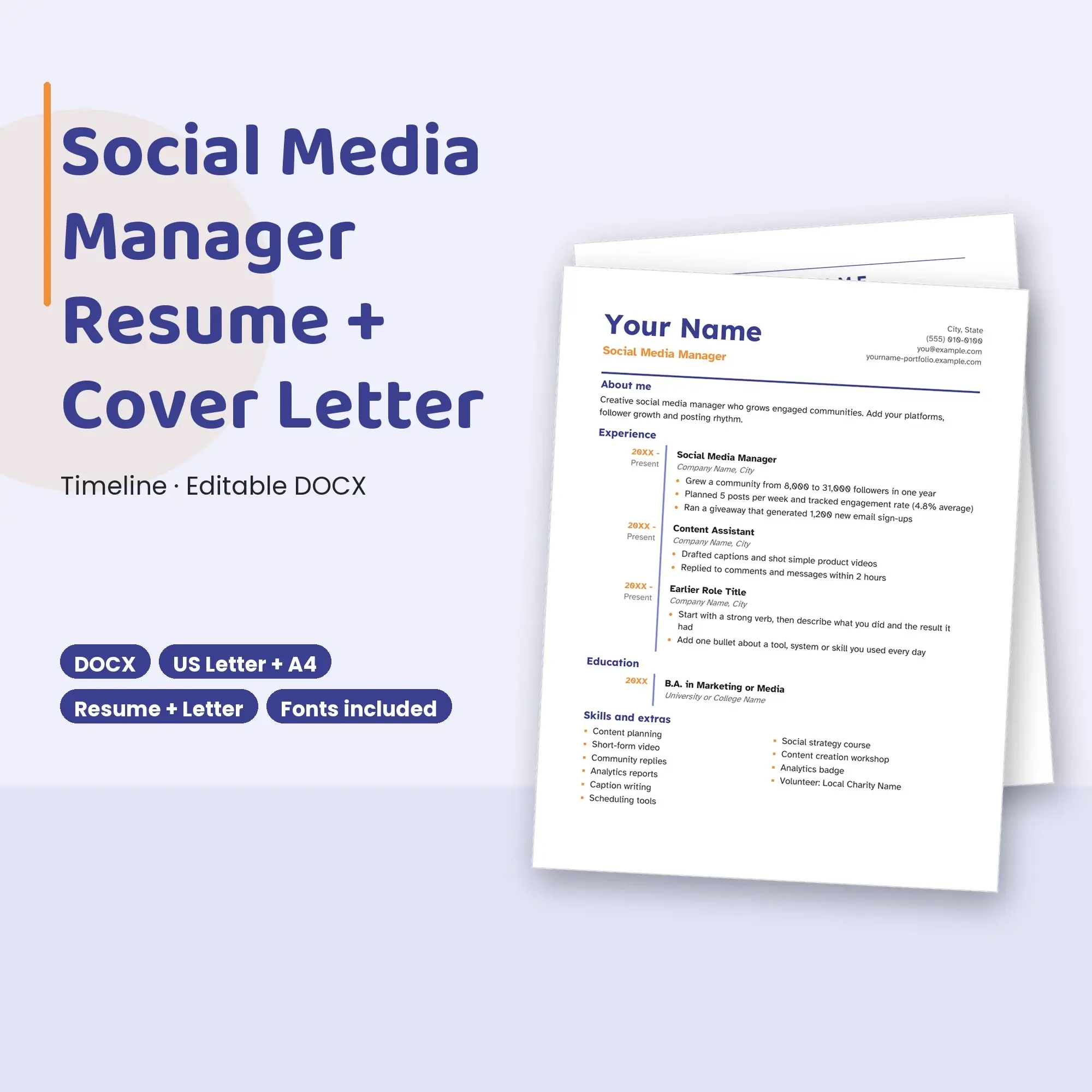 Social Media Manager Resume Template + Cover Letter, Timeline (DOCX) preview