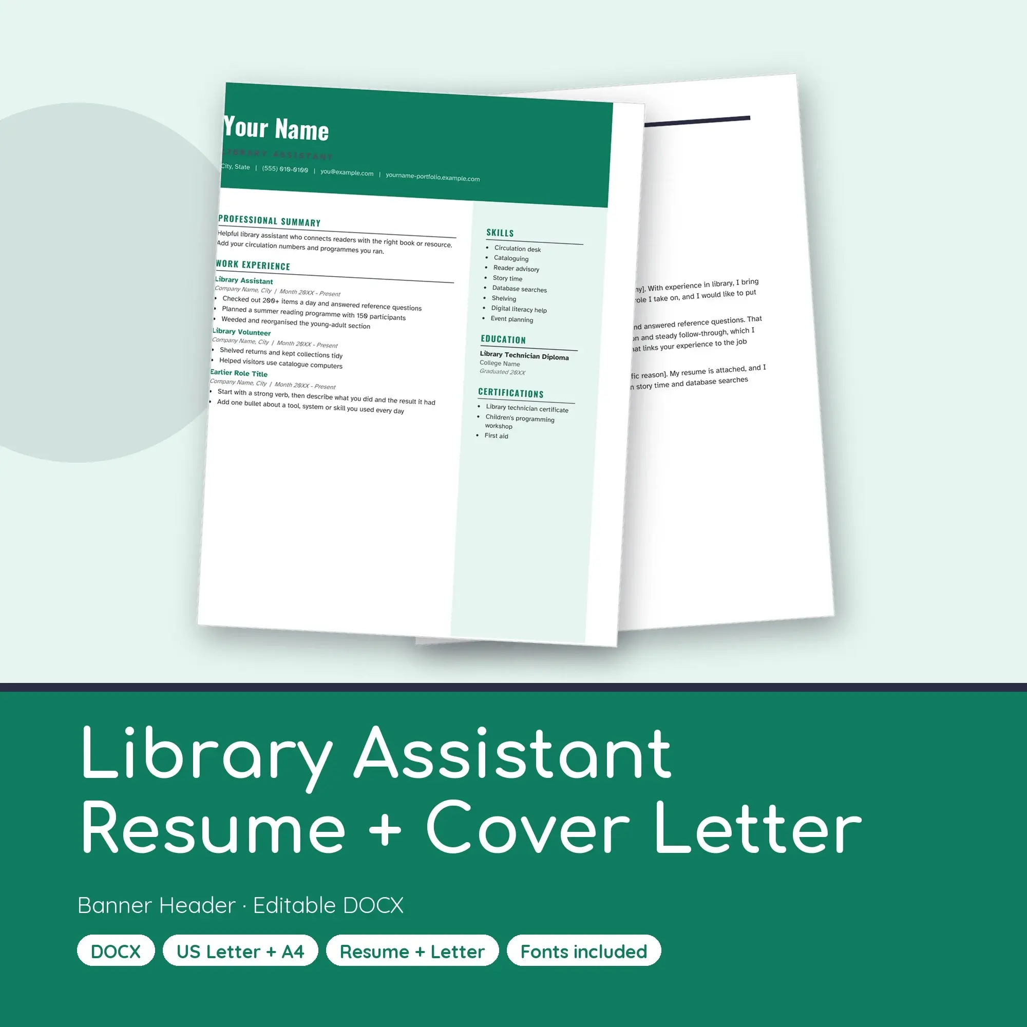 Library Assistant Resume Template + Cover Letter, Banner Header (DOCX) preview