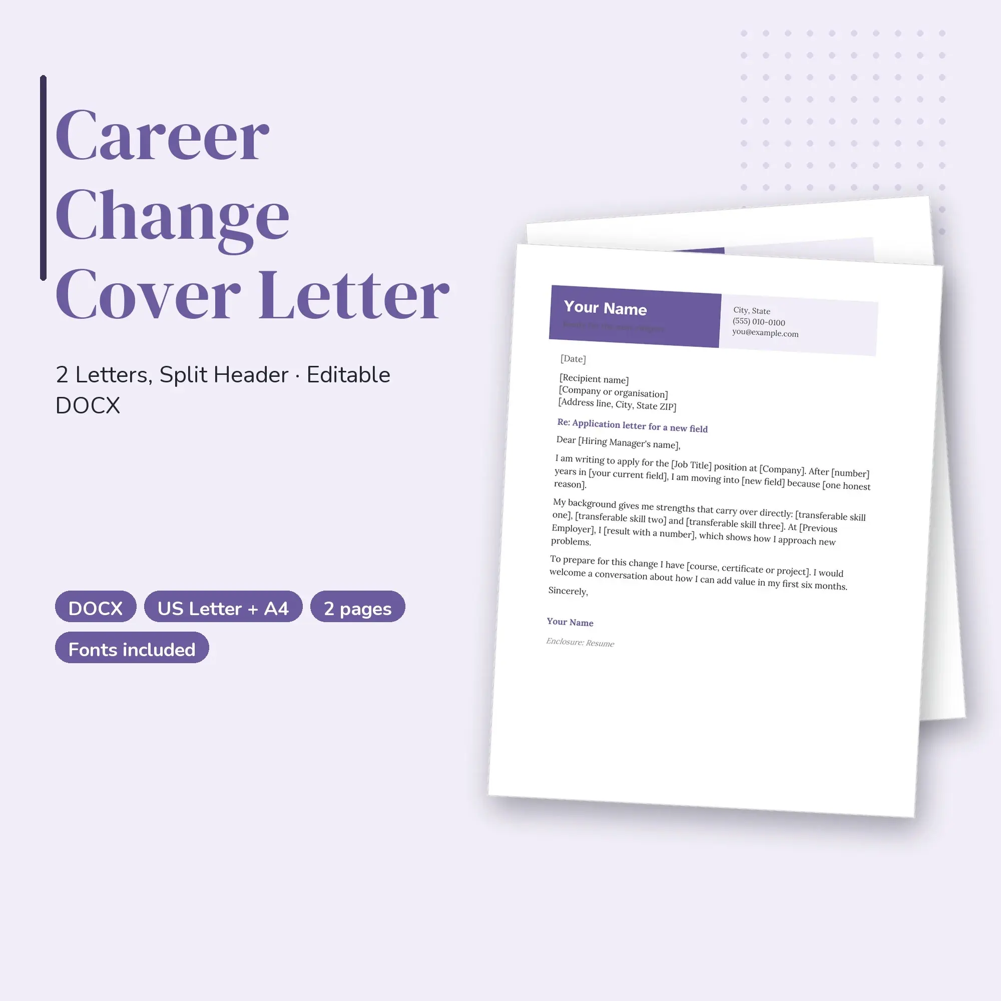 Career Change Cover Letter Template, 2 Letters, Split Header (DOCX) preview
