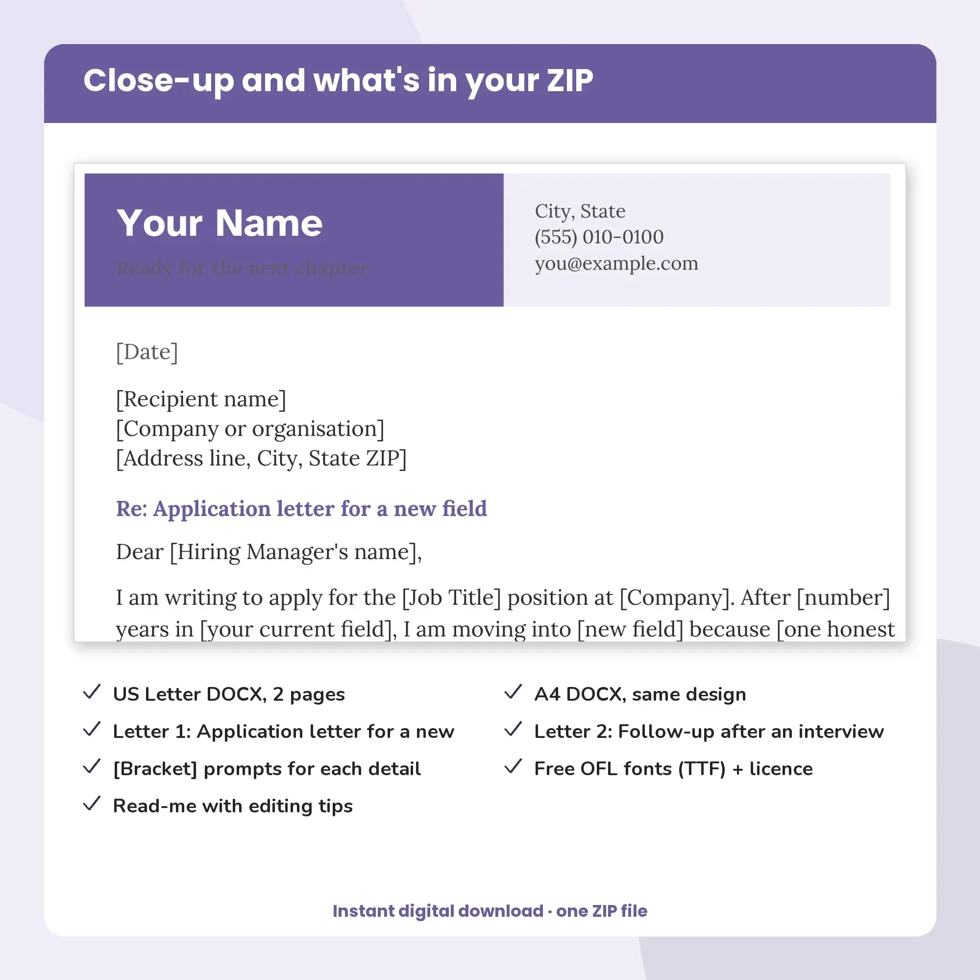 Career Change Cover Letter Template, 2 Letters, Split Header (DOCX), preview 2 of 2
