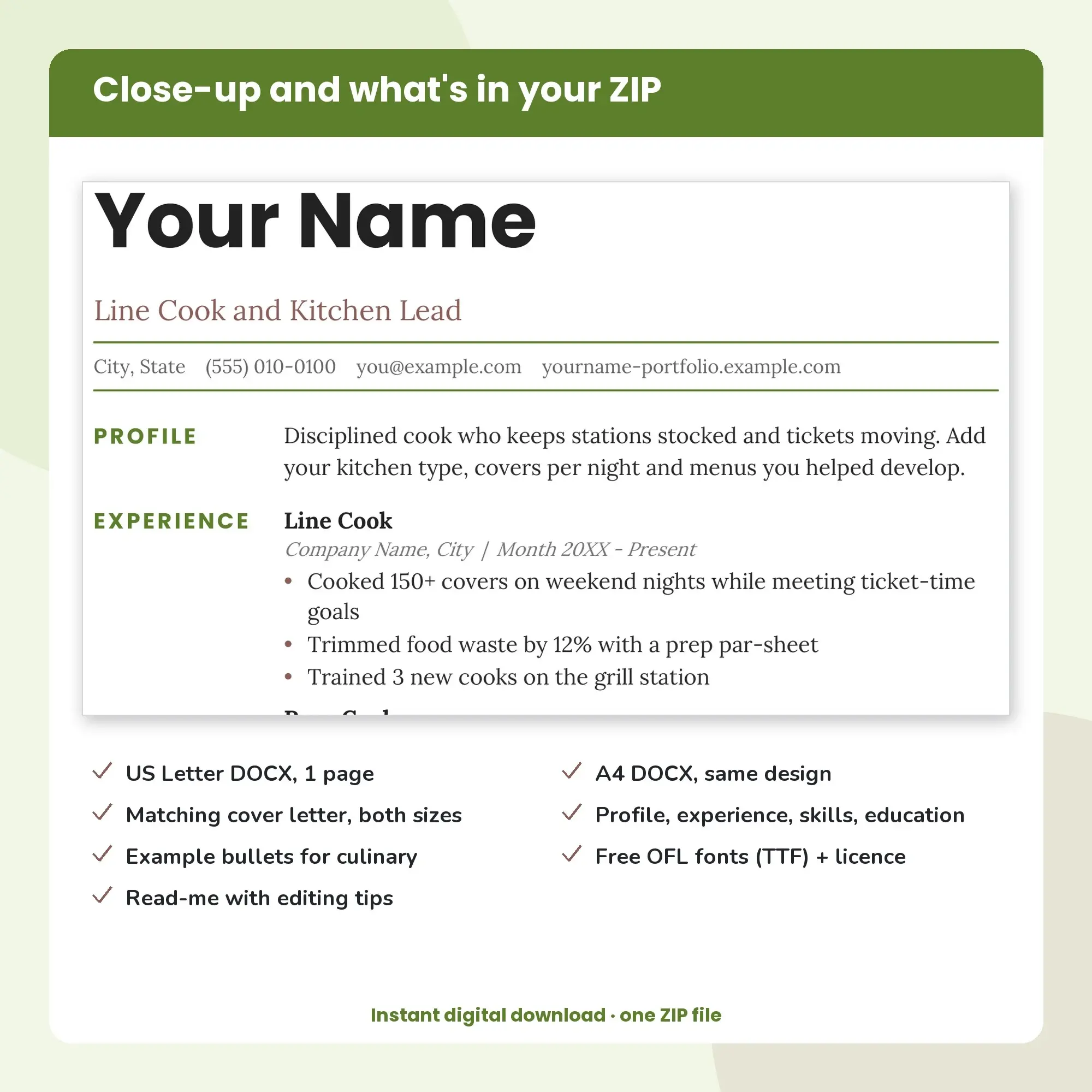 Line Cook and Kitchen Lead Resume Template + Cover Letter, Minimal (DOCX), preview 2 of 2