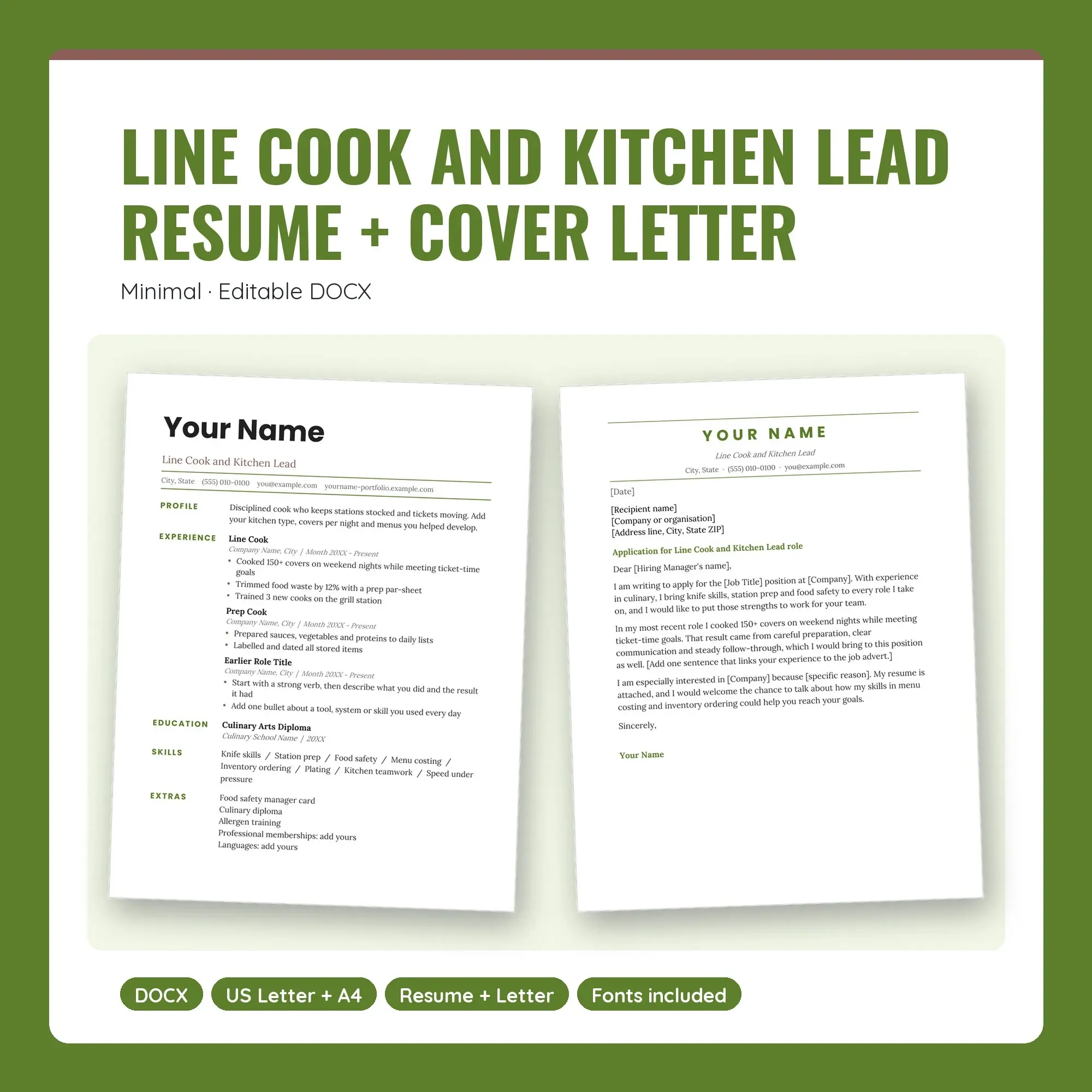 Line Cook and Kitchen Lead Resume Template + Cover Letter, Minimal (DOCX), preview 1 of 2