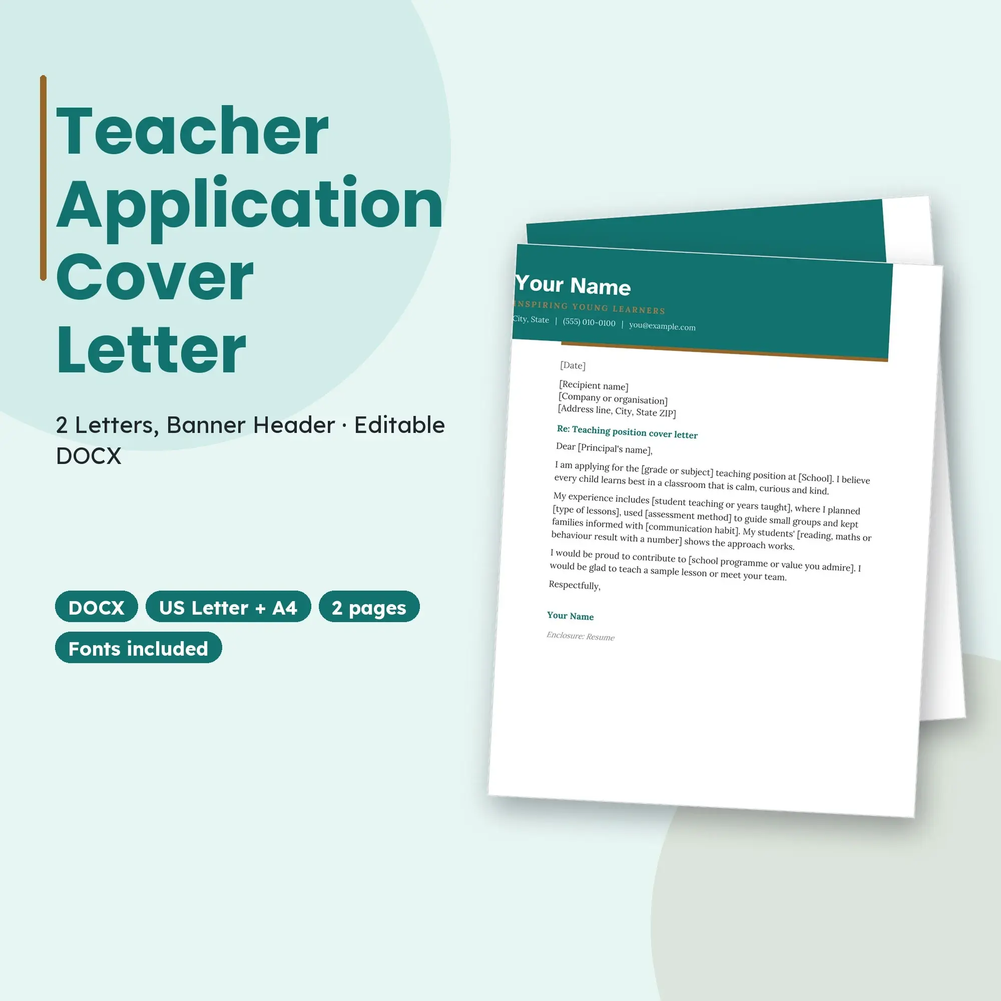 Teacher Application Cover Letter Template, 2 Letters, Banner Header (DOCX) preview