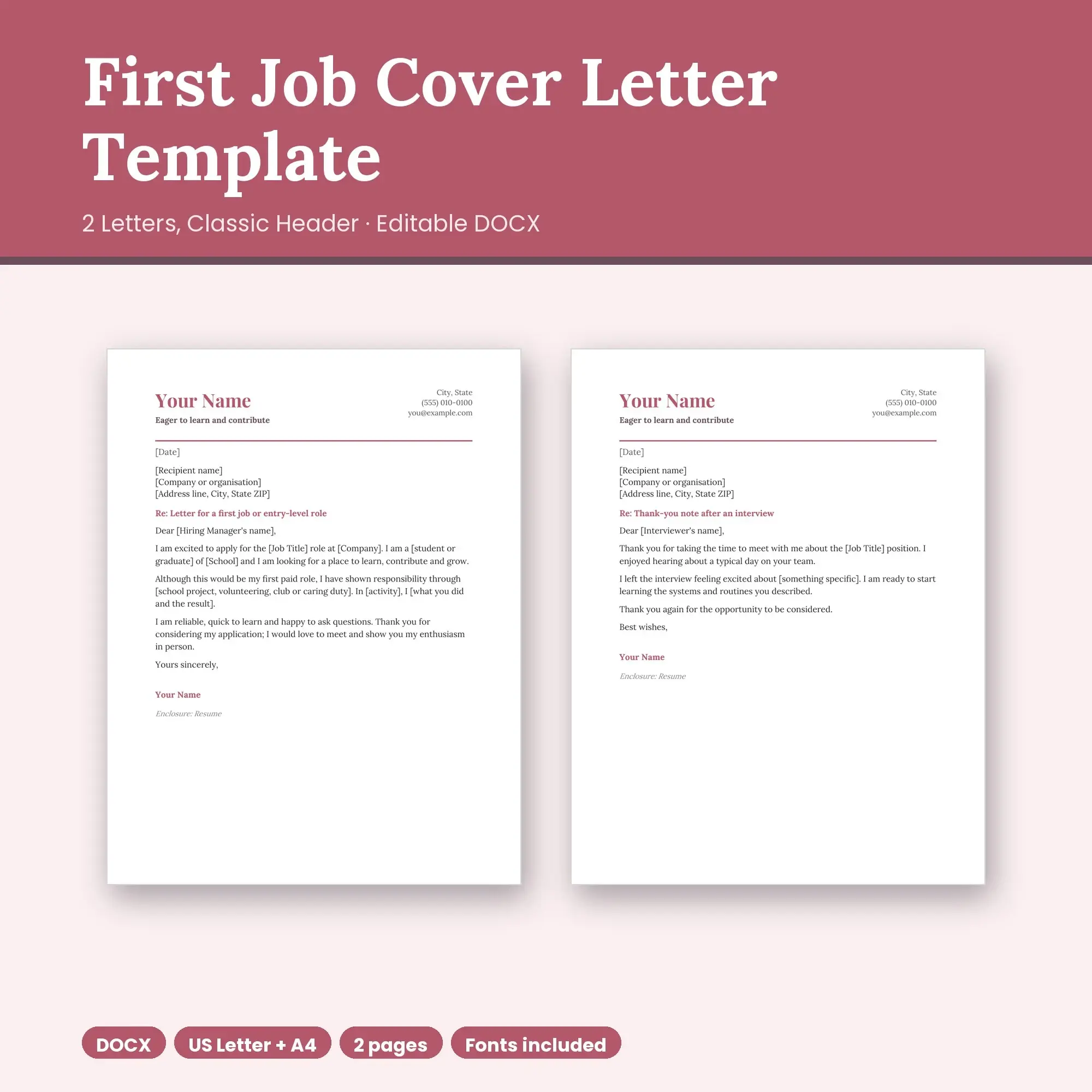 First Job Cover Letter Template, 2 Letters, Classic Header (DOCX) preview