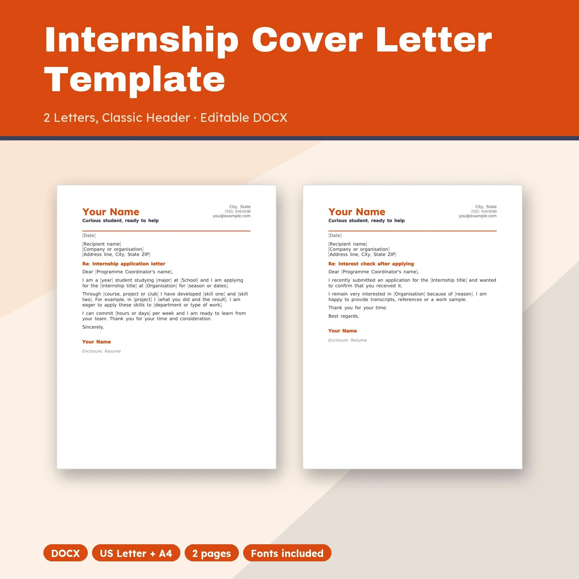 Internship Cover Letter Template, 2 Letters, Classic Header (DOCX) preview