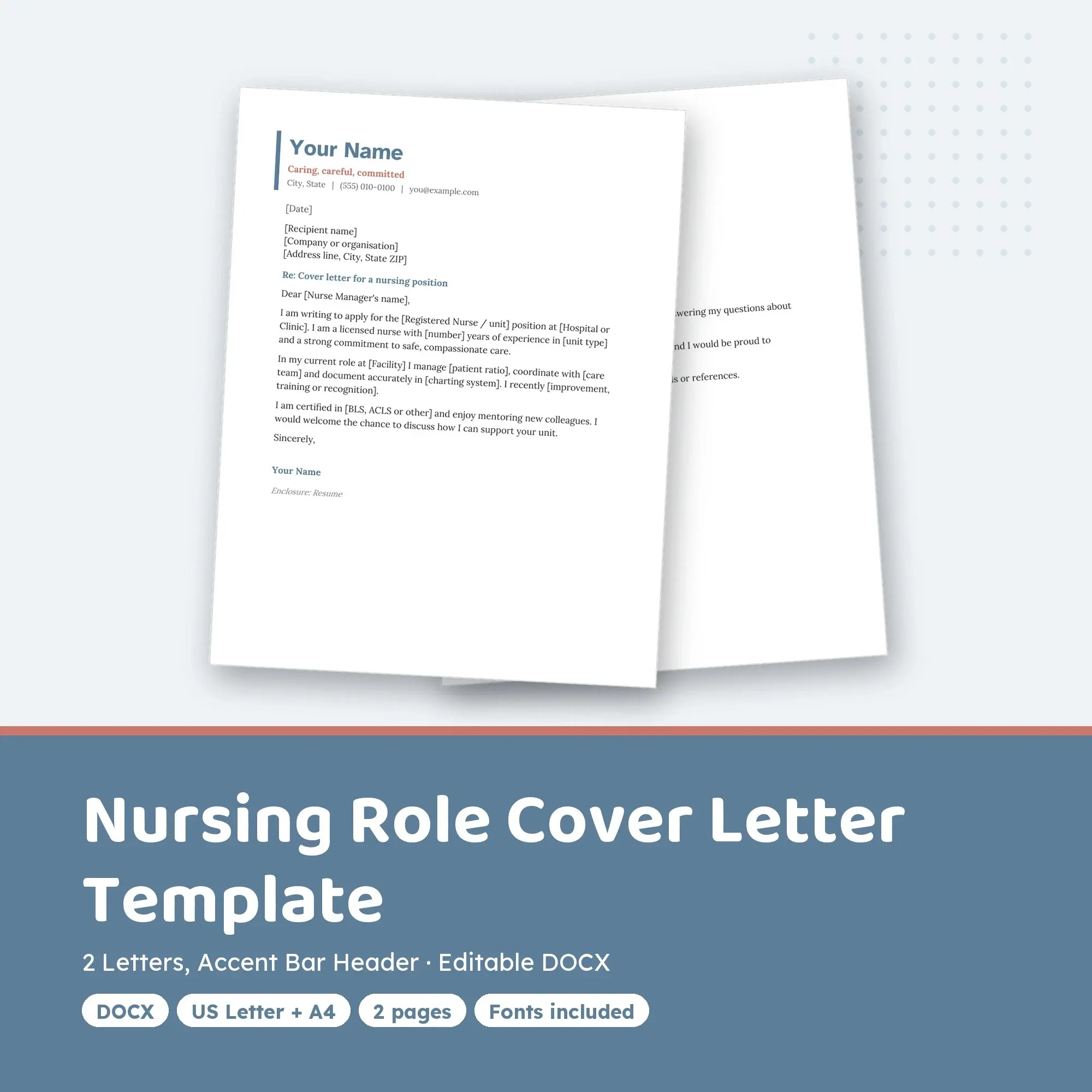Nursing Role Cover Letter Template, 2 Letters, Accent Bar Header (DOCX) preview