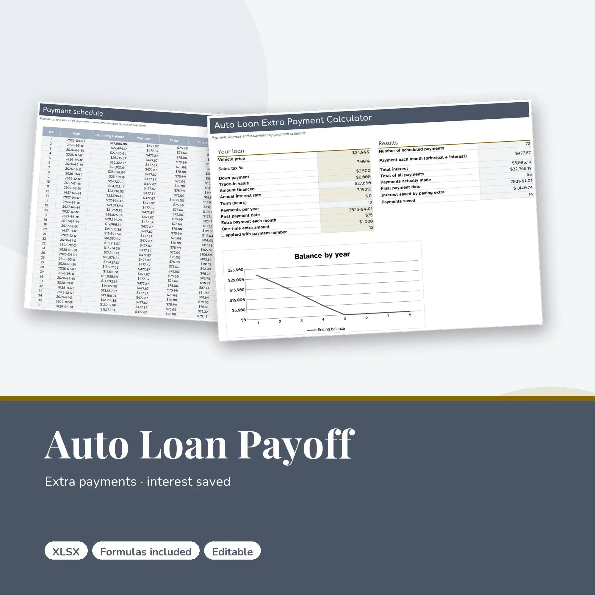Auto Loan Extra Payment Spreadsheet, Pay Off the Car Sooner (XLSX) preview