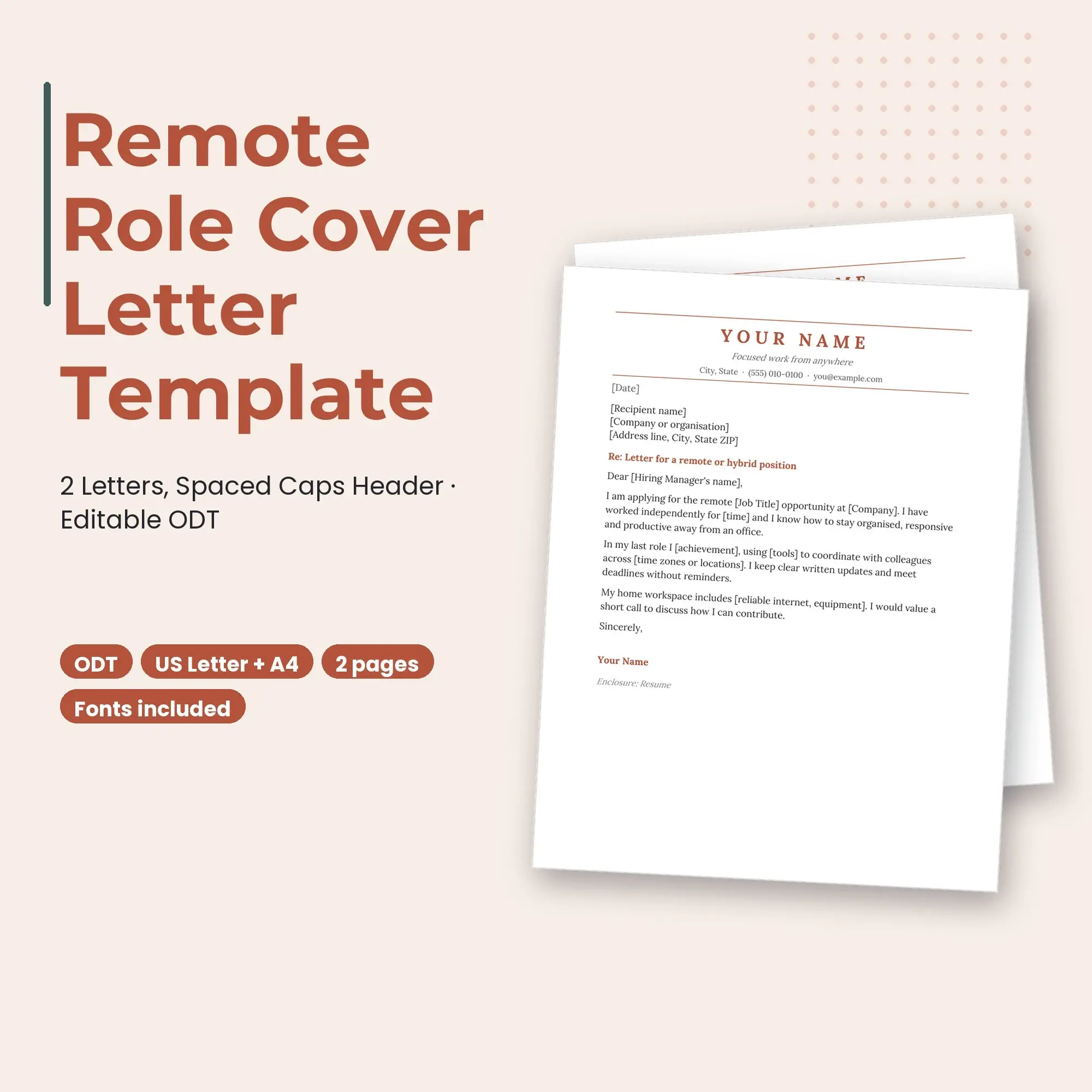 Remote Role Cover Letter Template, 2 Letters, Spaced Caps Header (ODT) preview