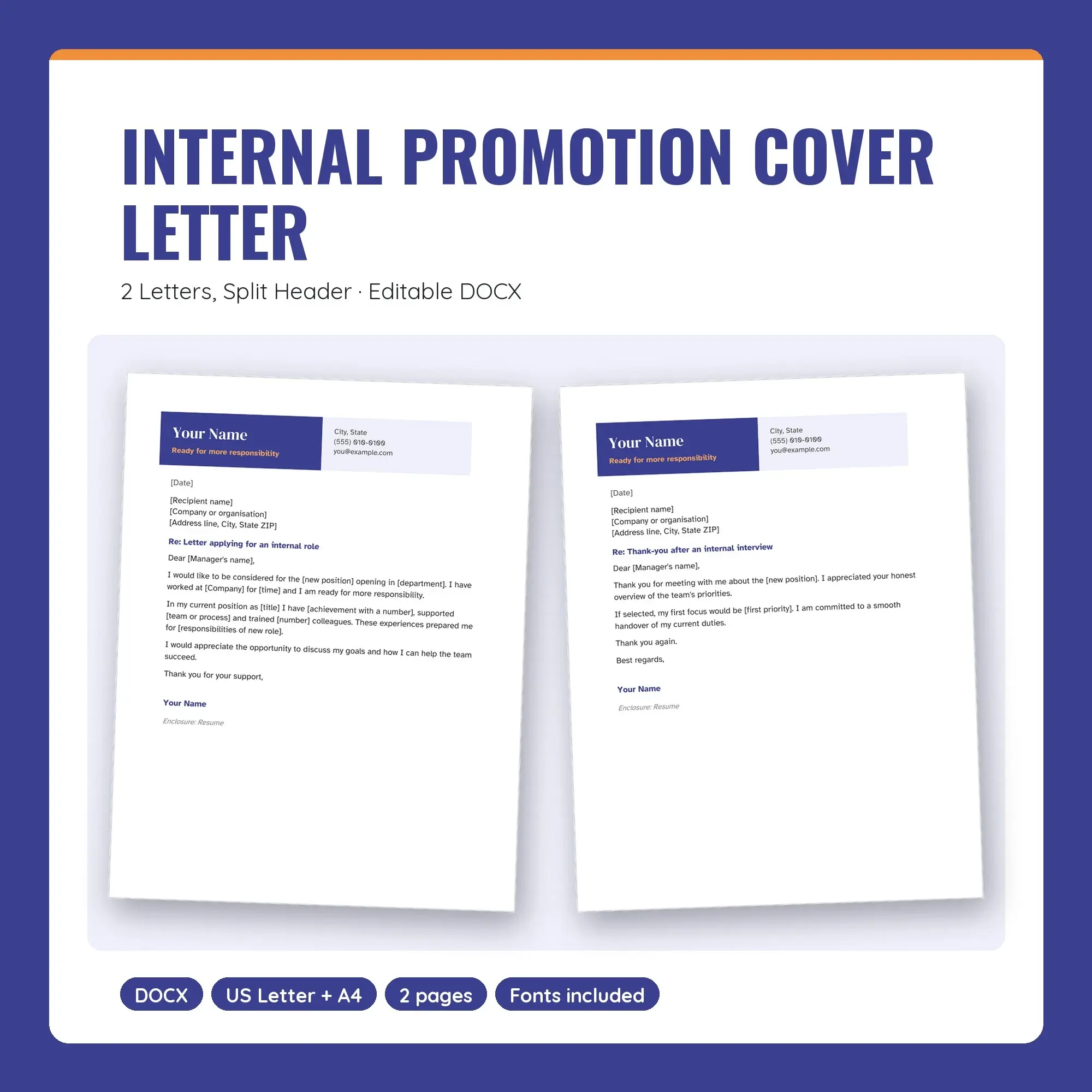 Internal Promotion Cover Letter Template, 2 Letters, Split Header (DOCX) preview