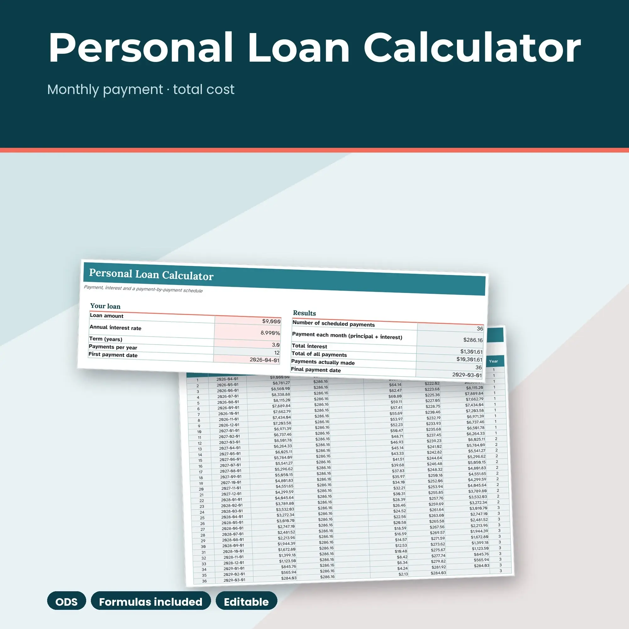 Personal Loan Calculator Spreadsheet, 36-Month Payment Schedule (ODS) preview