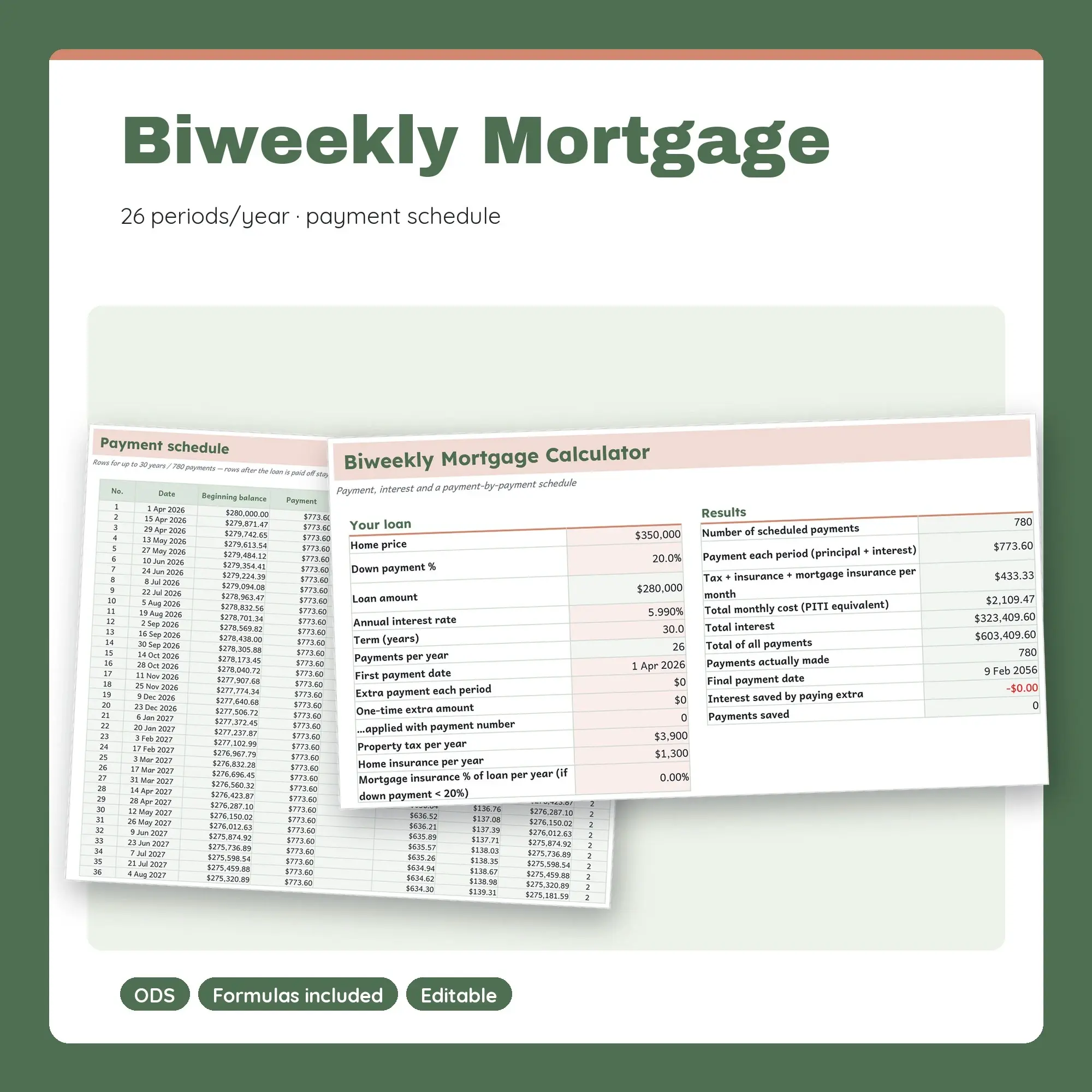 Biweekly Mortgage Calculator Spreadsheet, 26 Payments a Year (ODS) preview