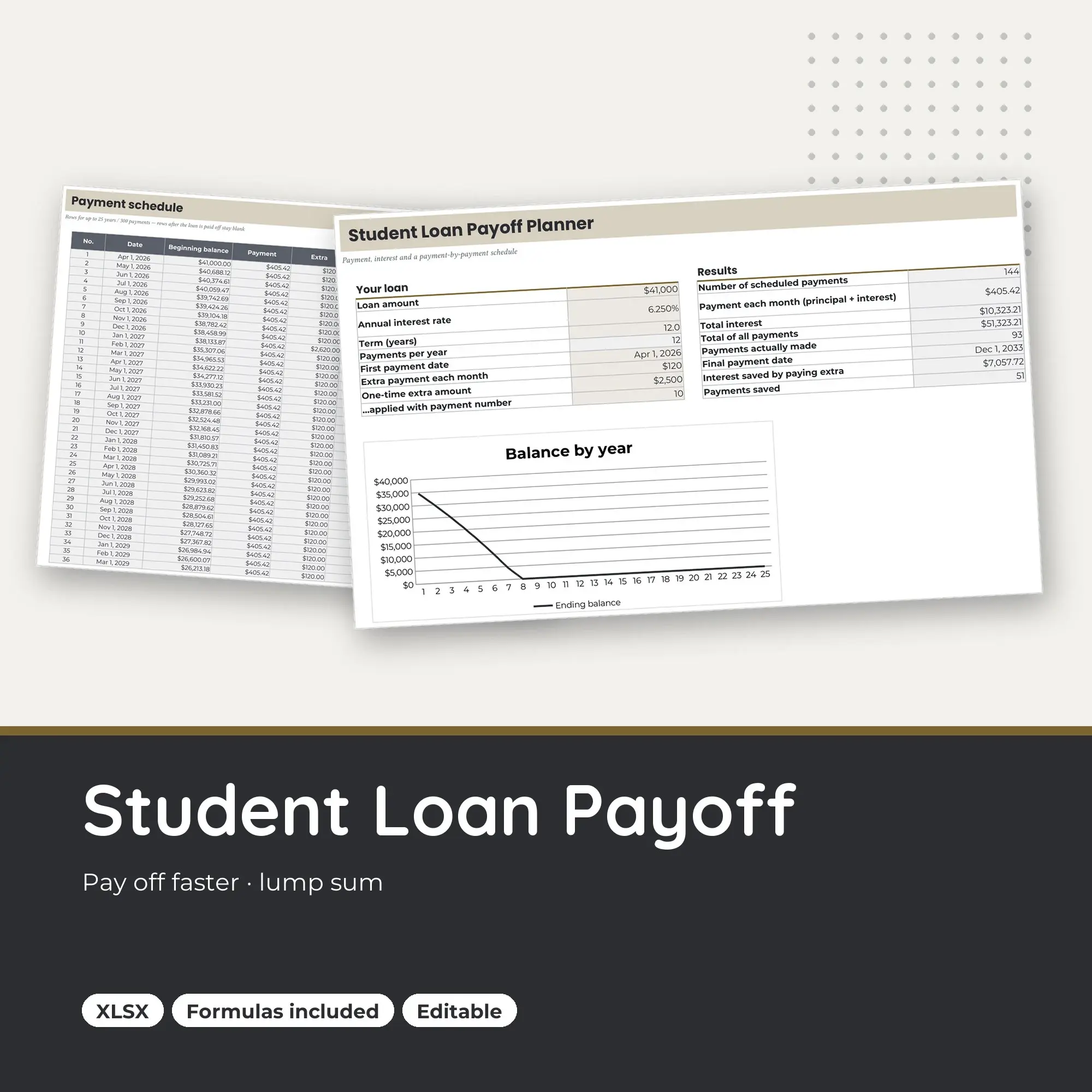 Student Loan Payoff Spreadsheet with Extra and Lump-Sum Payments (XLSX) preview