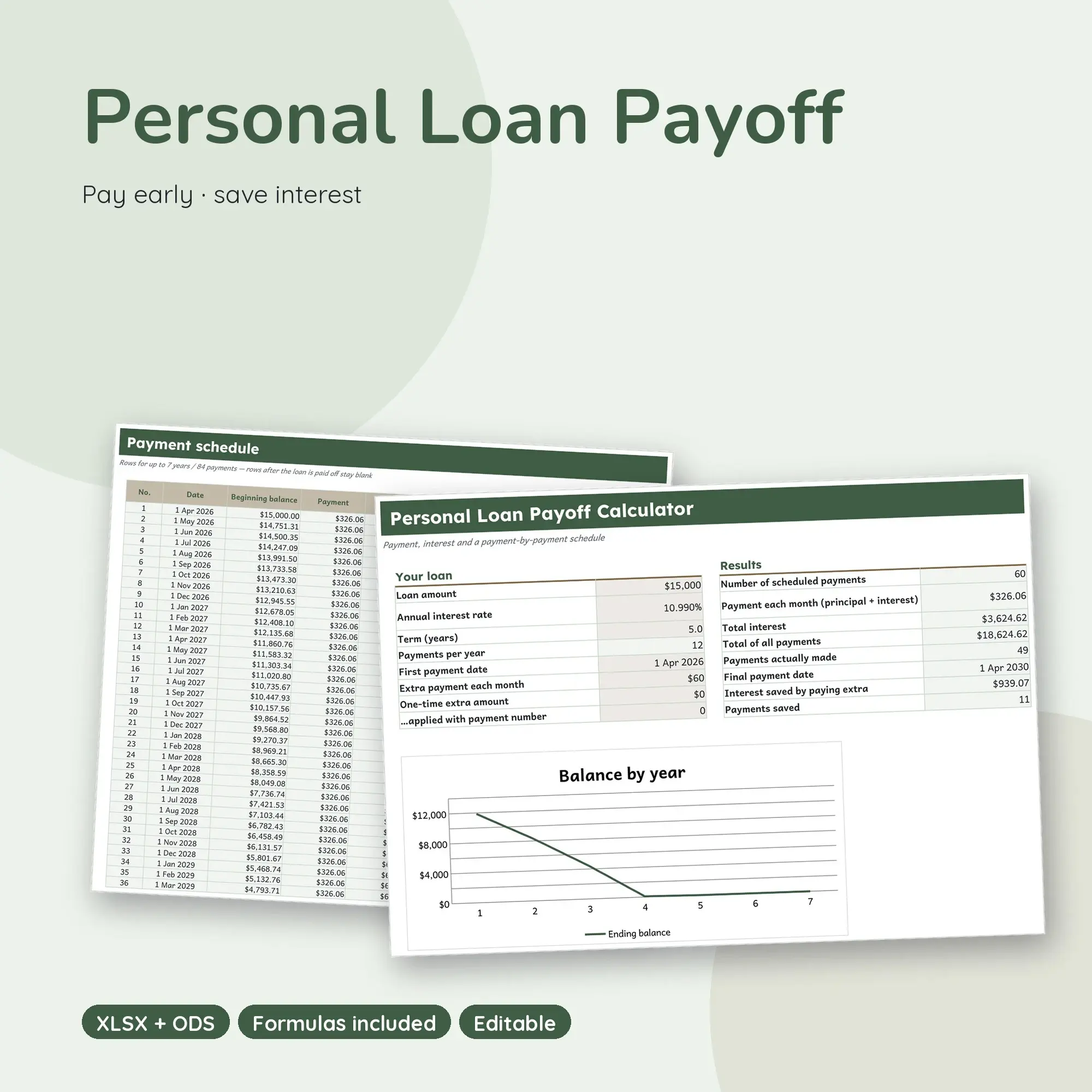 Personal Loan Payoff Spreadsheet, Extra Payment Calculator (XLSX + ODS) preview