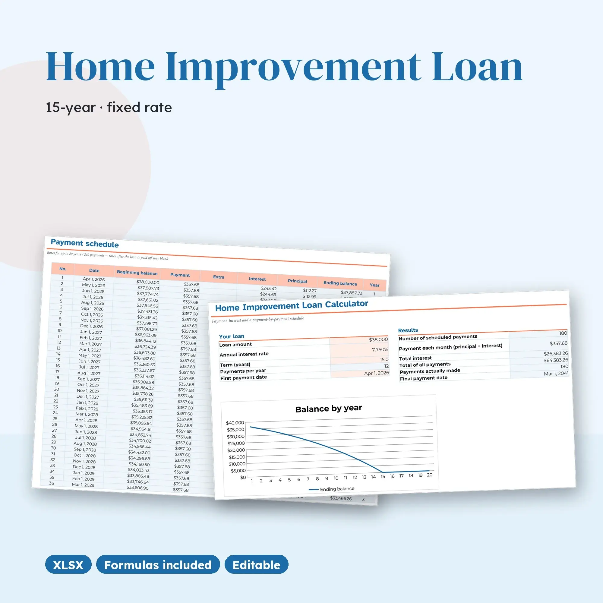 Home Improvement Loan Calculator Spreadsheet, Payment Schedule (XLSX) preview