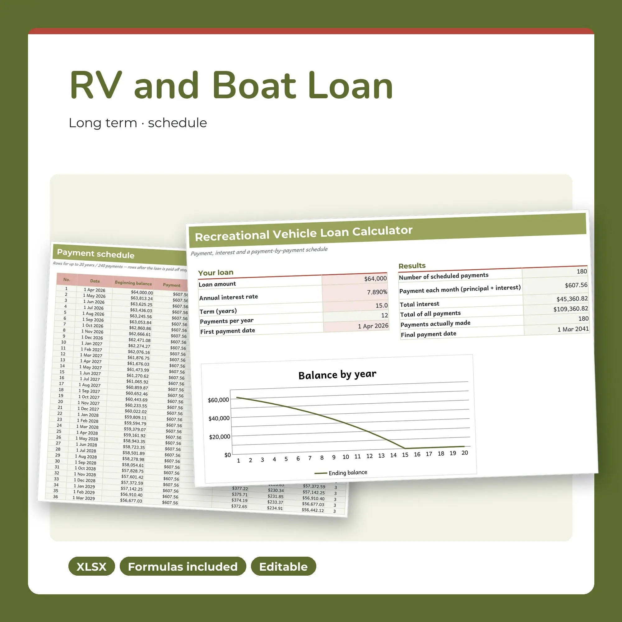 RV and Boat Loan Calculator Spreadsheet, 15-Year Payment Schedule (XLSX) preview