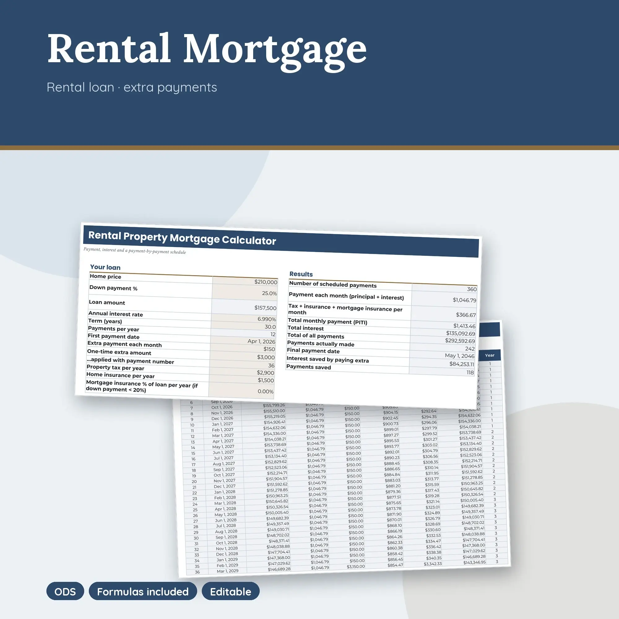 Investment Property Mortgage Calculator Spreadsheet with Extra Payments (ODS) preview