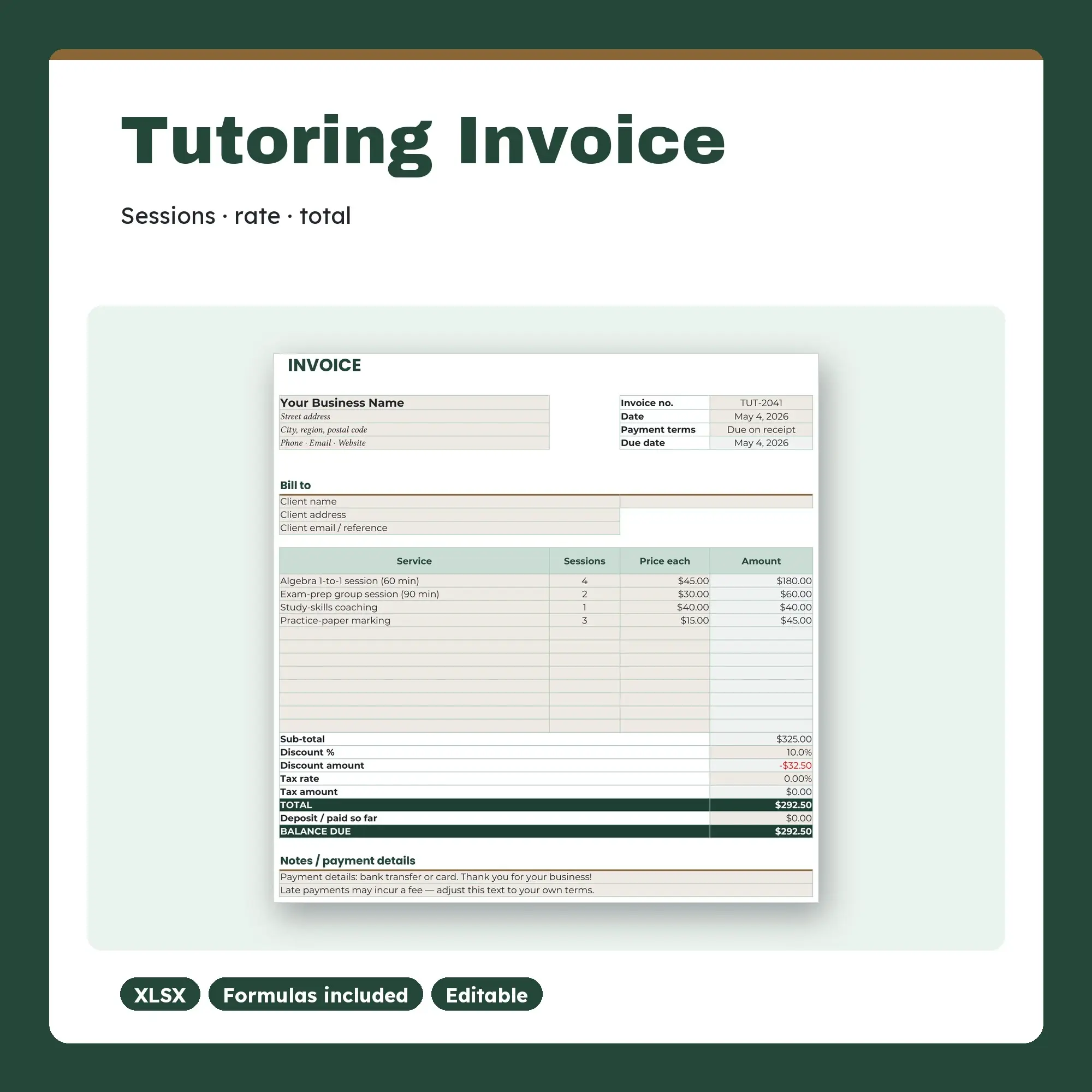 Tutoring Invoice Template Spreadsheet, Session-Based Billing (XLSX + ODS + CSV) preview