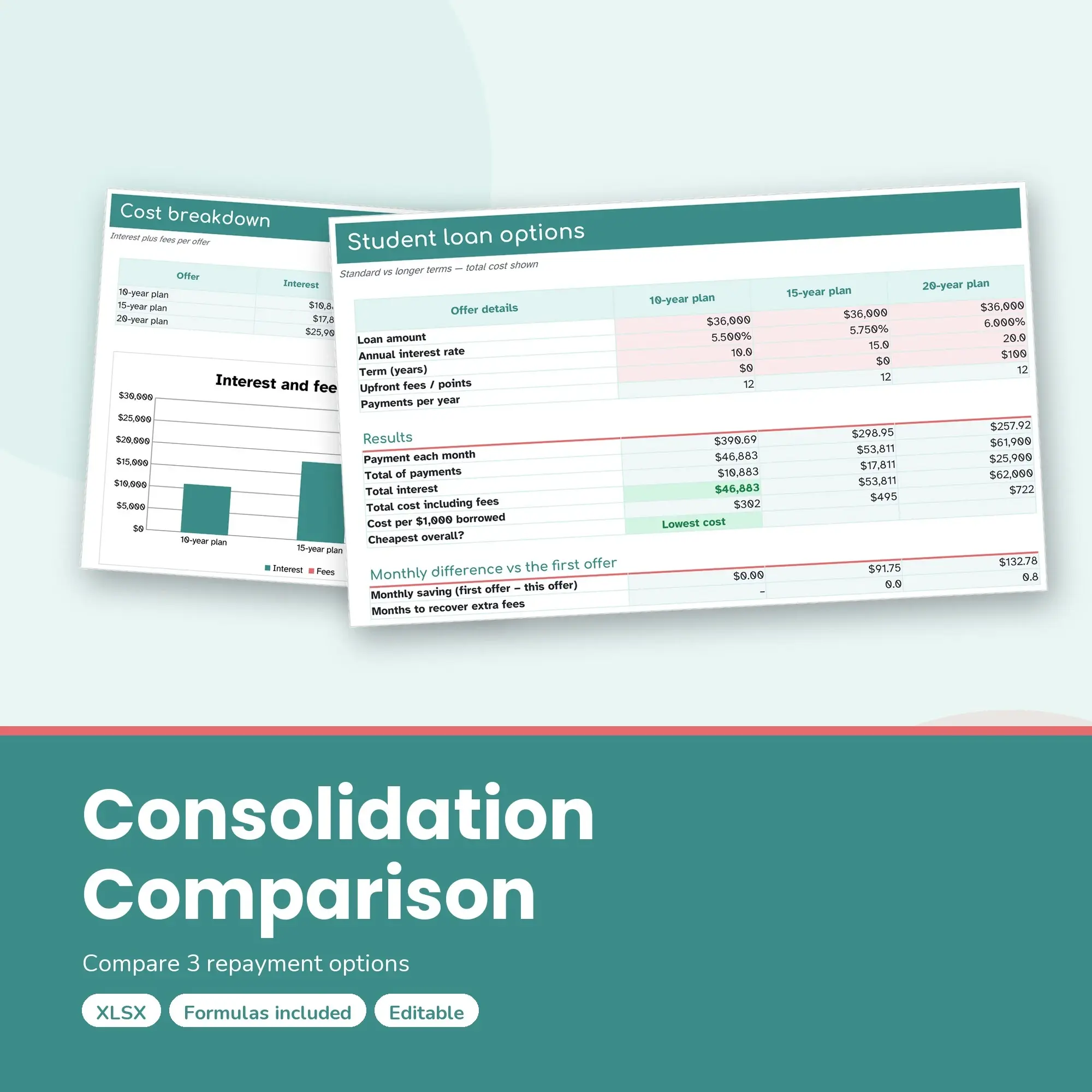 Student Loan Consolidation Comparison Spreadsheet, 3 Options (XLSX) preview