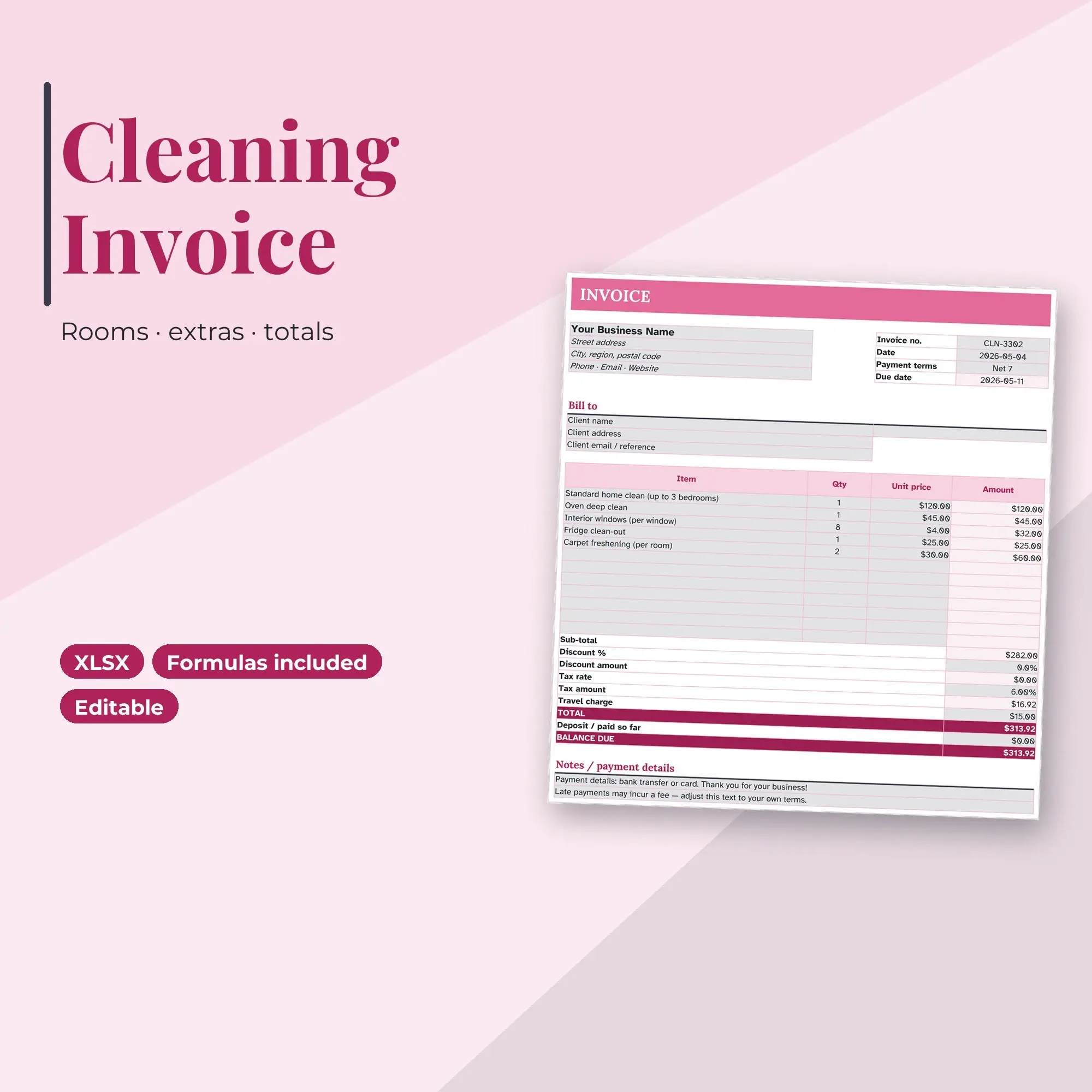 House Cleaning Invoice Template Spreadsheet, Quantity and Price (XLSX) preview