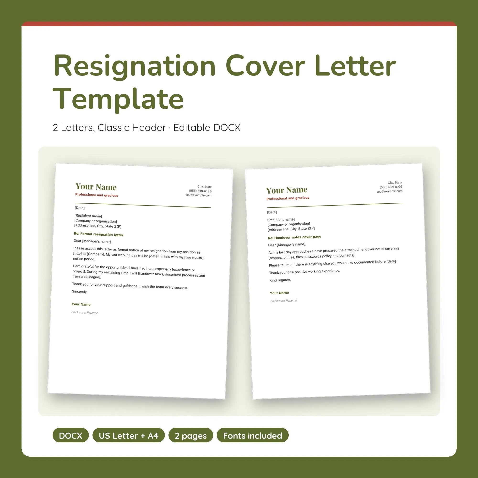 Resignation Cover Letter Template, 2 Letters, Classic Header (DOCX) preview