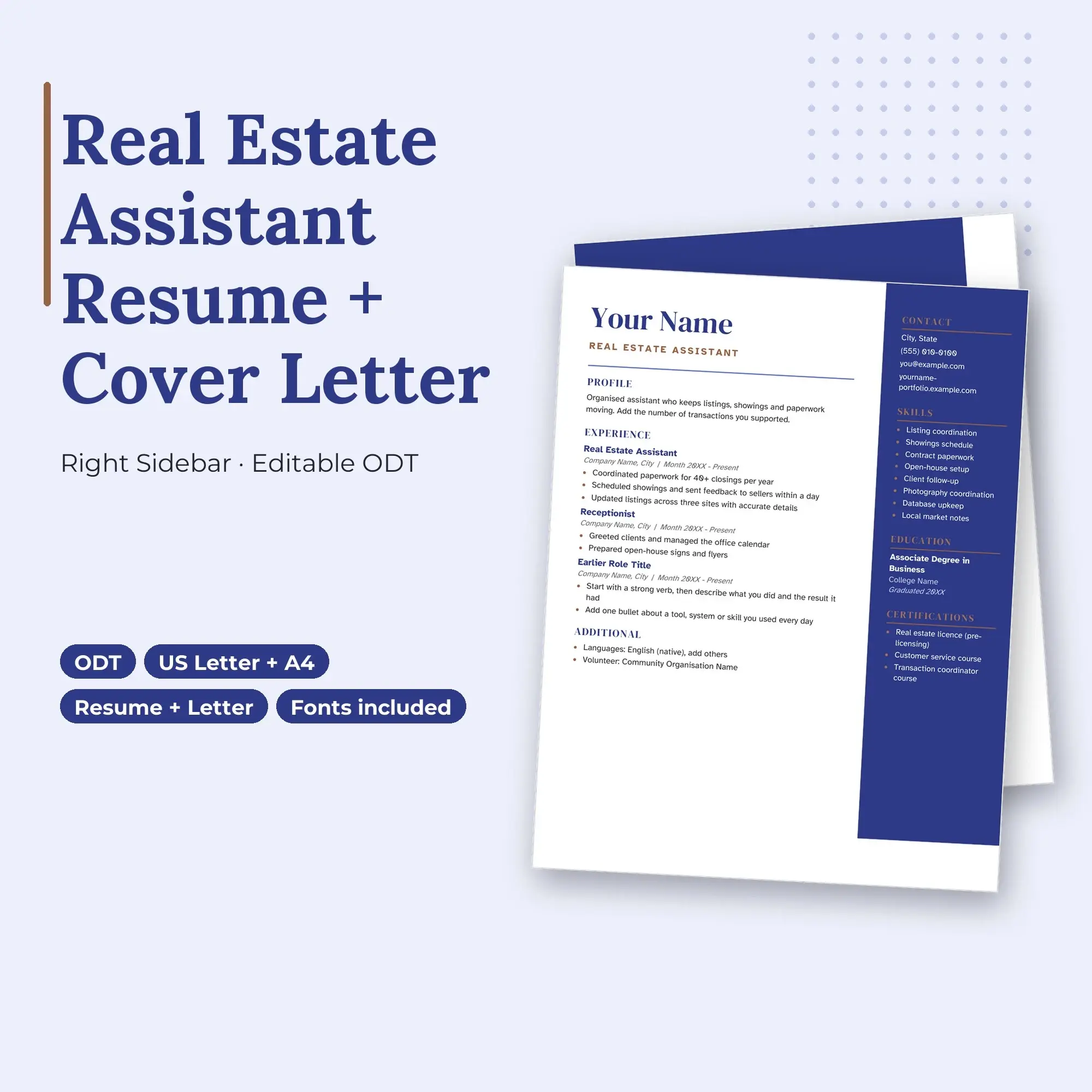Real Estate Assistant Resume Template + Cover Letter, Right Sidebar (ODT) preview