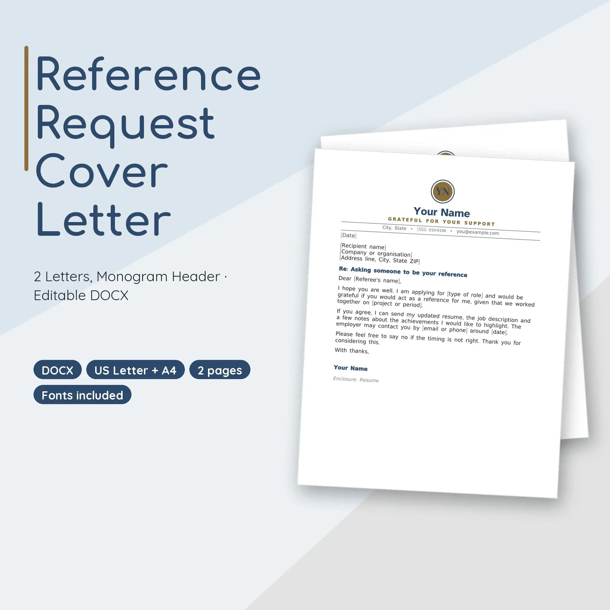 Reference Request Cover Letter Template, 2 Letters, Monogram Header (DOCX) preview