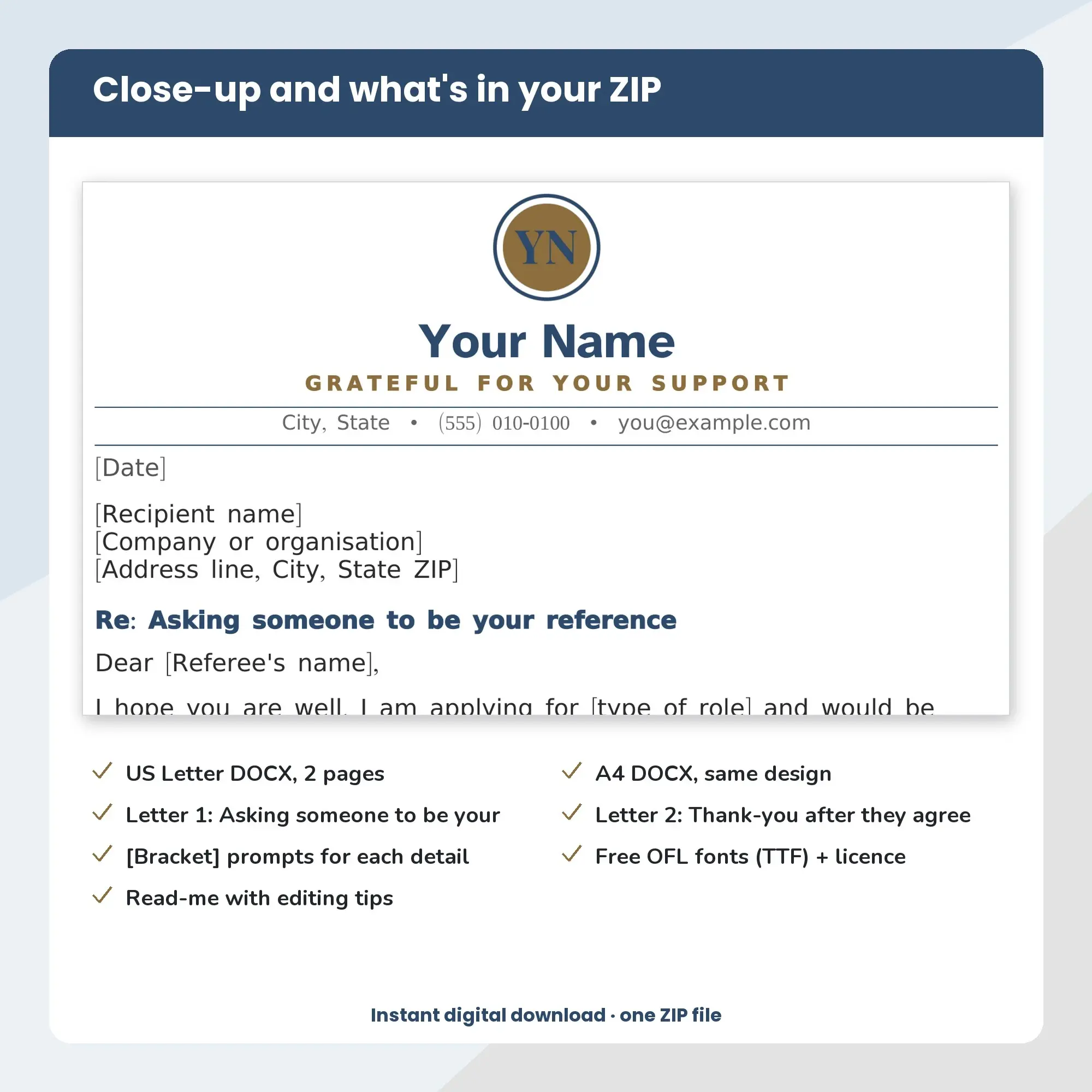 Reference Request Cover Letter Template, 2 Letters, Monogram Header (DOCX), preview 2 of 2