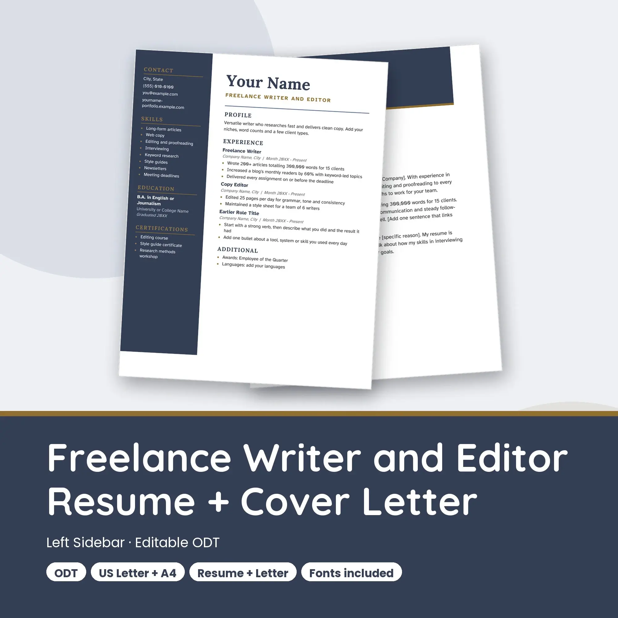 Freelance Writer and Editor Resume Template + Cover Letter, Left Sidebar (ODT) preview