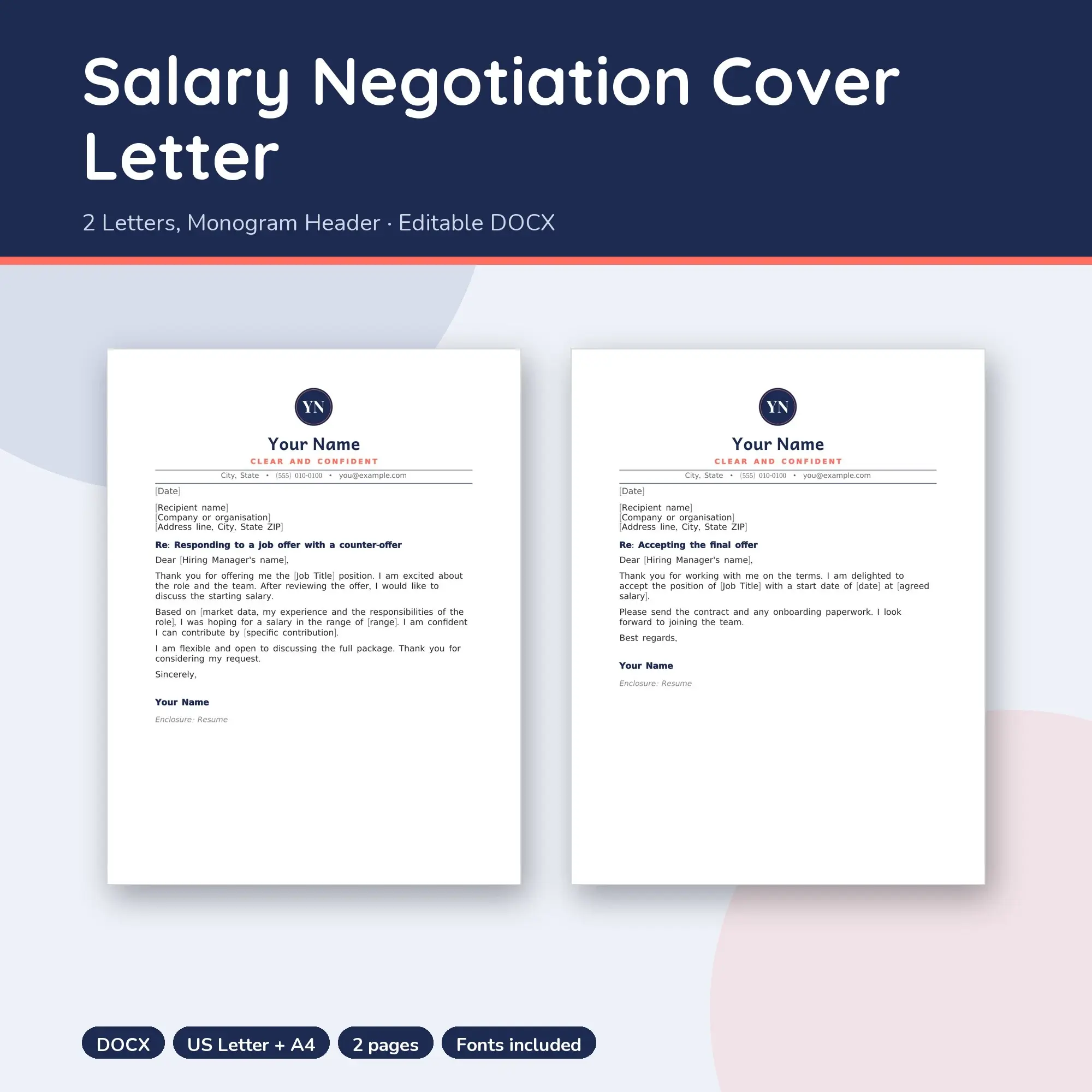 Salary Negotiation Cover Letter Template, 2 Letters, Monogram Header (DOCX) preview