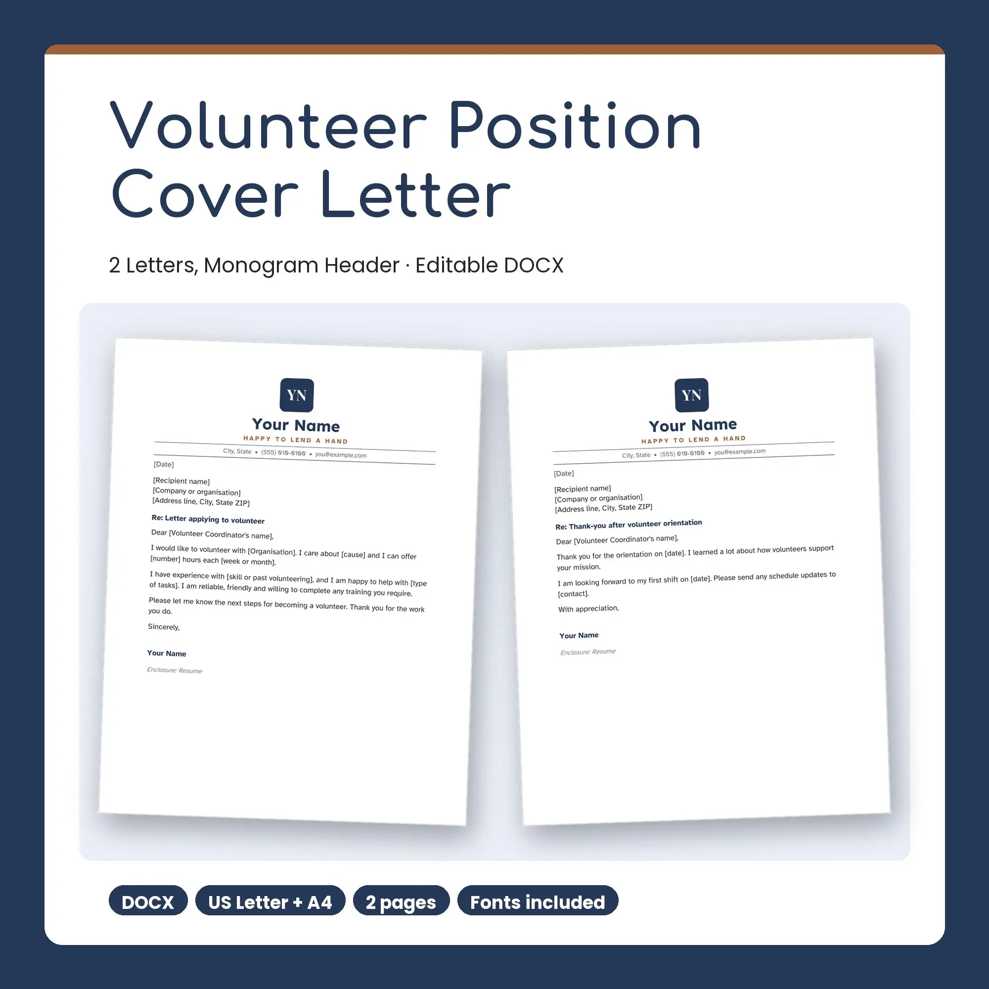 Volunteer Position Cover Letter Template, 2 Letters, Monogram Header (DOCX) preview