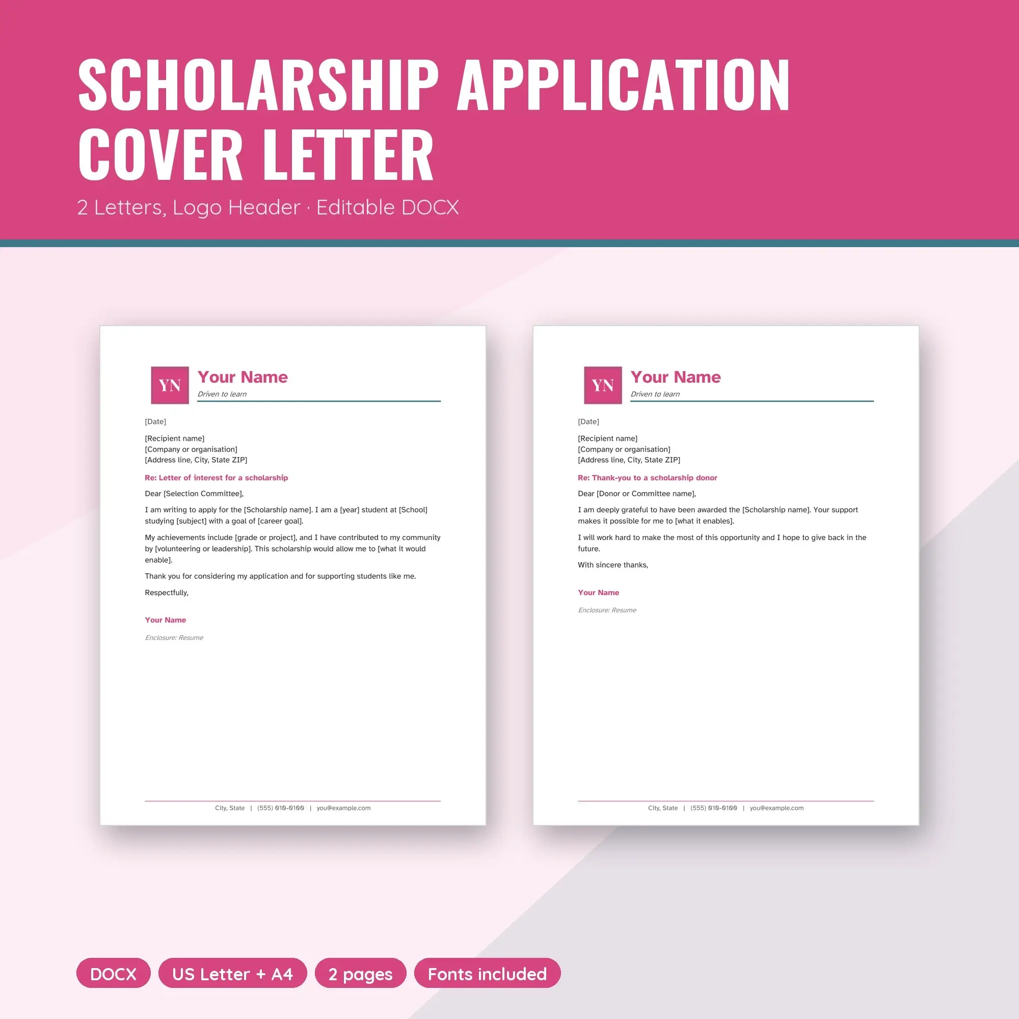 Scholarship Application Cover Letter Template, 2 Letters, Logo Header (DOCX) preview