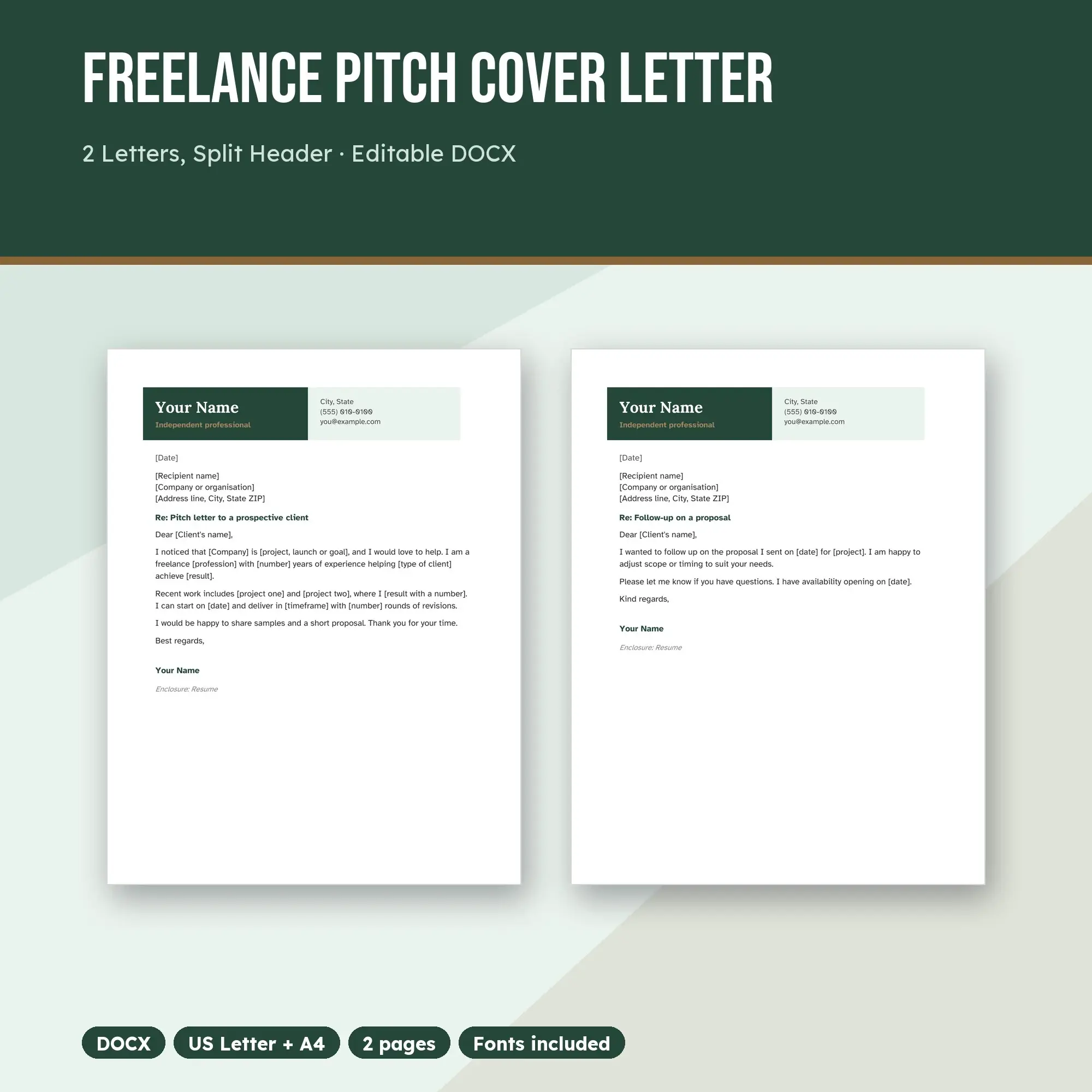 Freelance Pitch Cover Letter Template, 2 Letters, Split Header (DOCX) preview