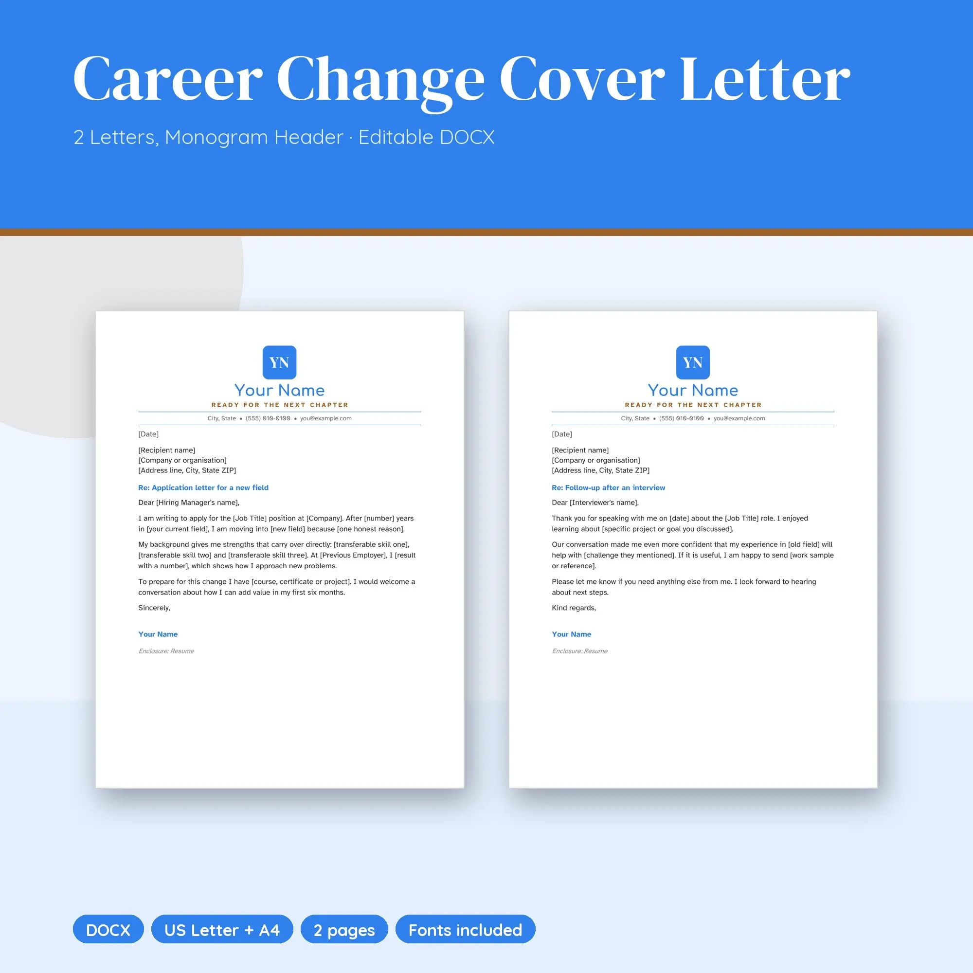 Career Change Cover Letter Template, 2 Letters, Monogram Header (DOCX) preview