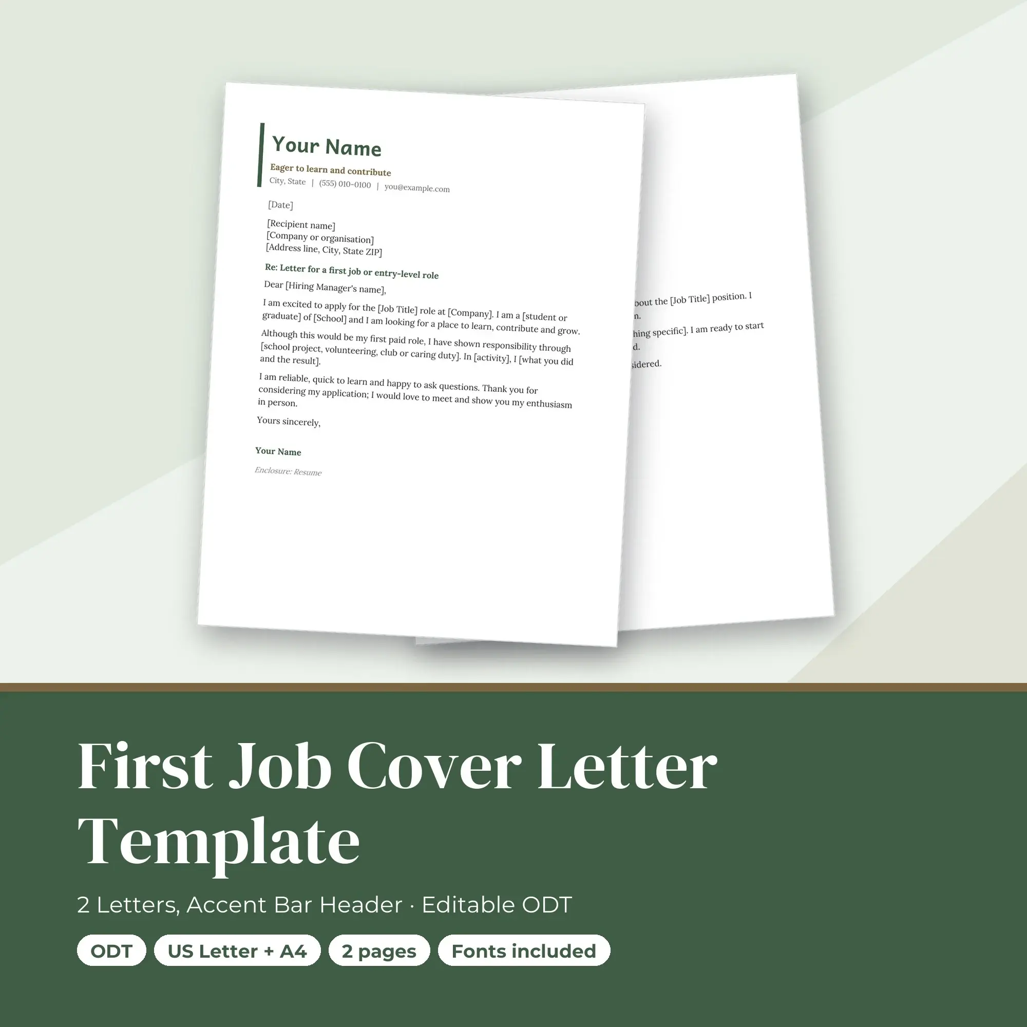 First Job Cover Letter Template, 2 Letters, Accent Bar Header (ODT) preview