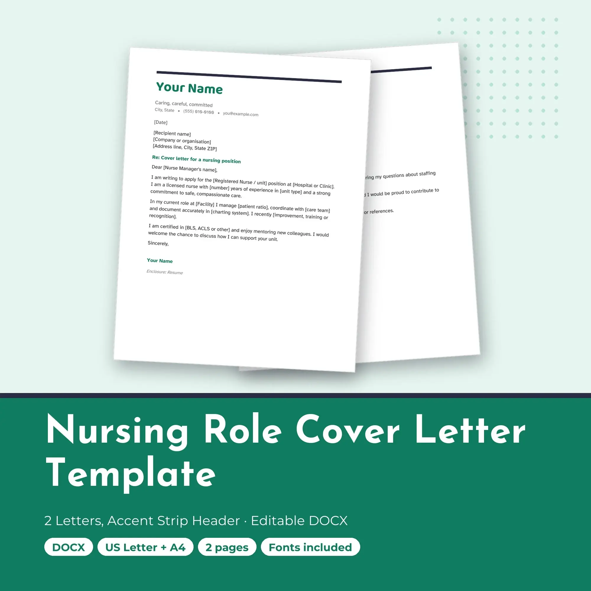 Nursing Role Cover Letter Template, 2 Letters, Accent Strip Header (DOCX) preview