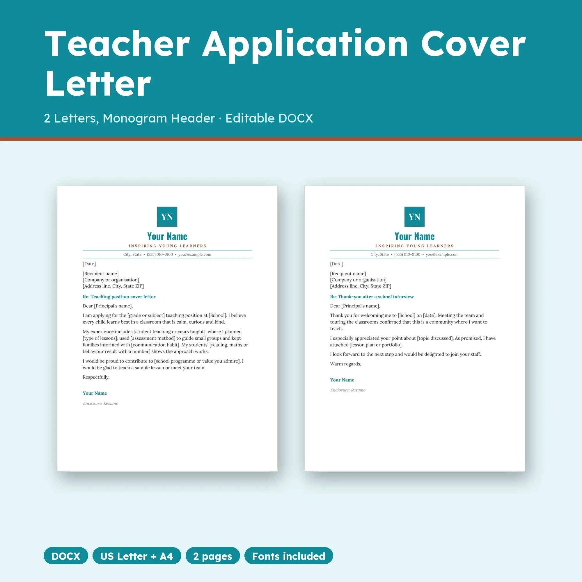 Teacher Application Cover Letter Template, 2 Letters, Monogram Header (DOCX) preview