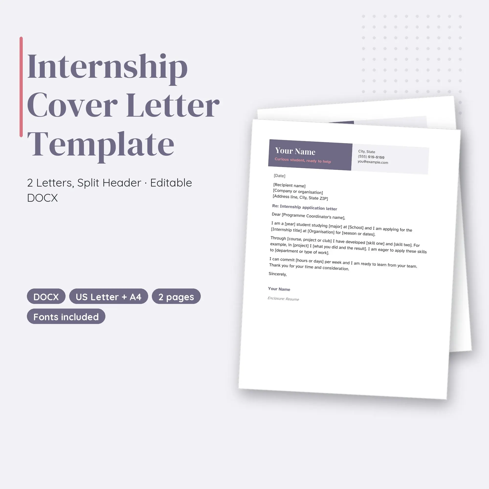 Internship Cover Letter Template, 2 Letters, Split Header (DOCX) preview