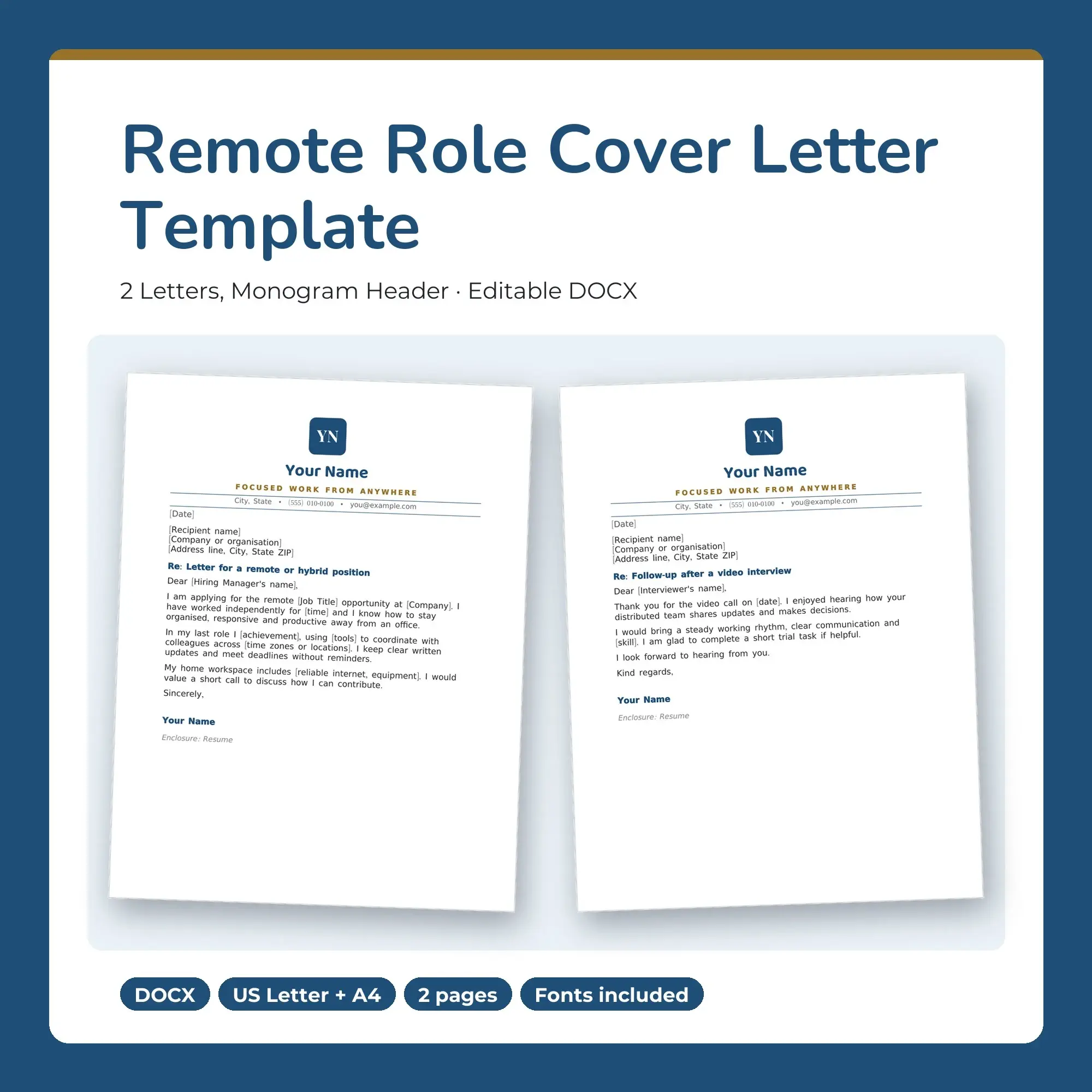 Remote Role Cover Letter Template, 2 Letters, Monogram Header (DOCX) preview