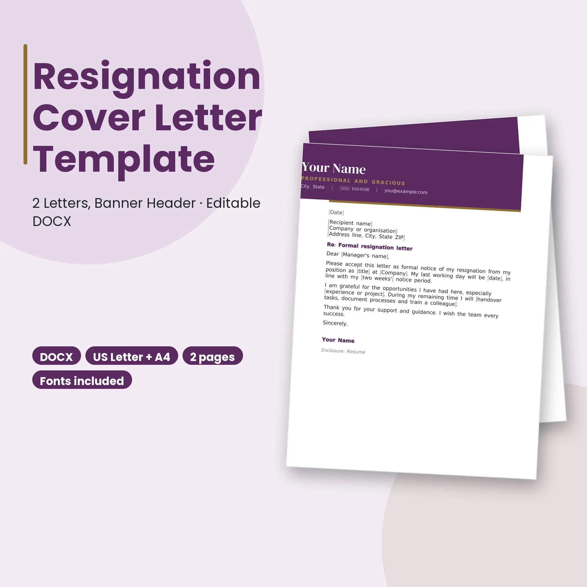 Resignation Cover Letter Template, 2 Letters, Banner Header (DOCX) preview