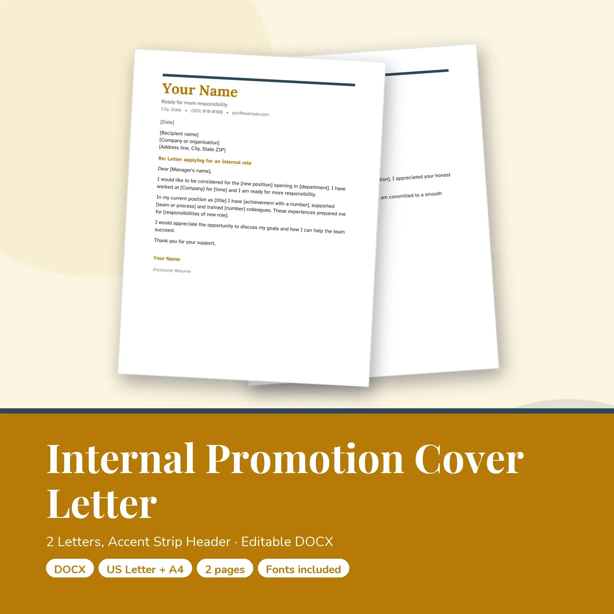 Internal Promotion Cover Letter Template, 2 Letters, Accent Strip Header (DOCX) preview