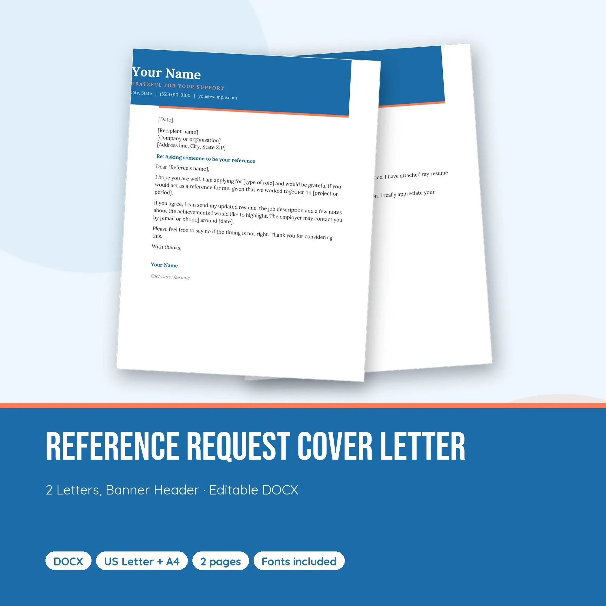 Reference Request Cover Letter Template, 2 Letters, Banner Header (DOCX) preview